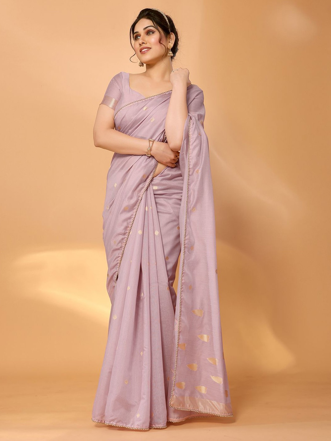 

MySilkLove Woven Design Beads and Stones Chanderi Saree, Pink