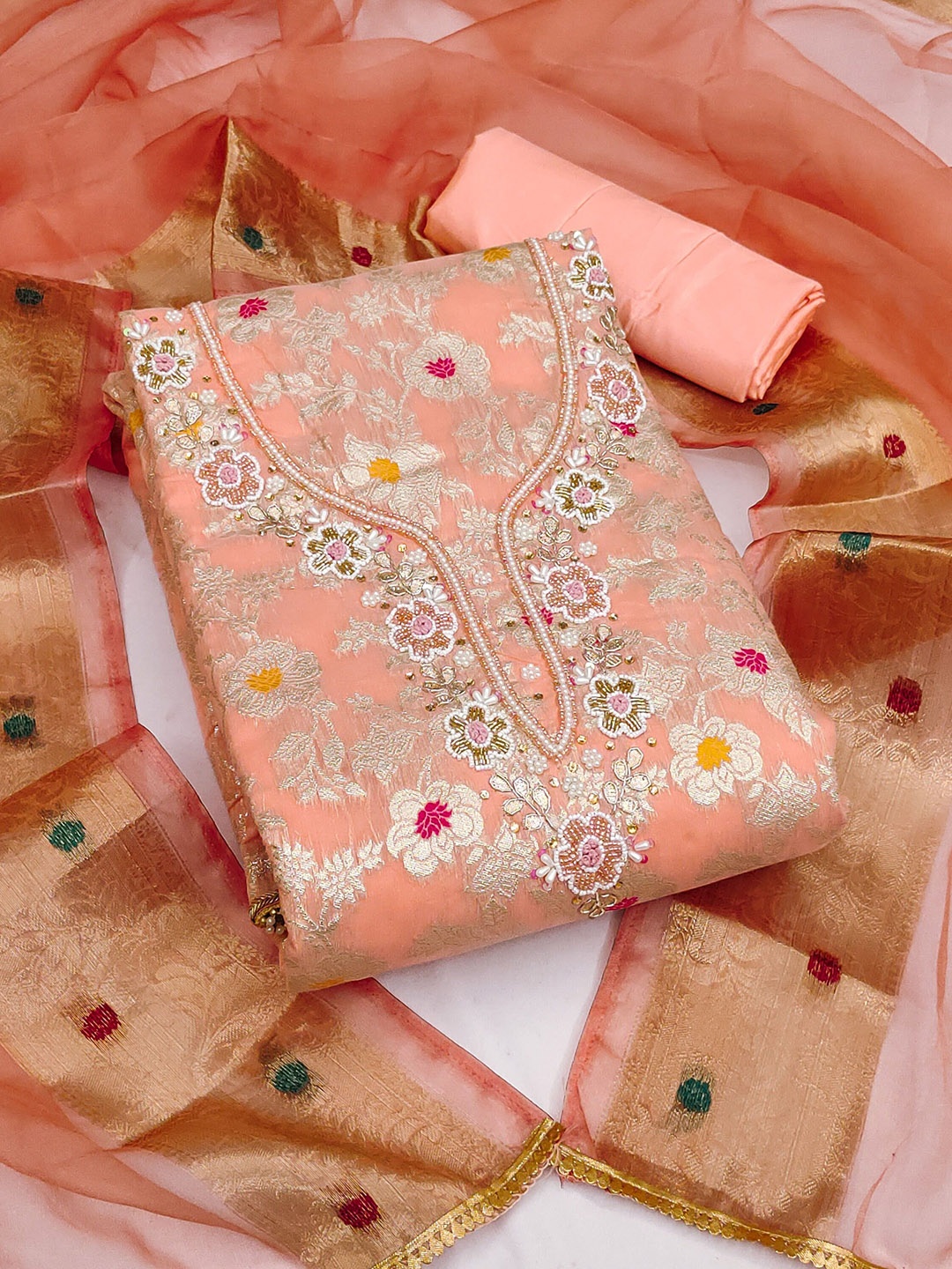 

KALINI Floral Woven Design Beads and Stones Unstitched Dress Material, Peach