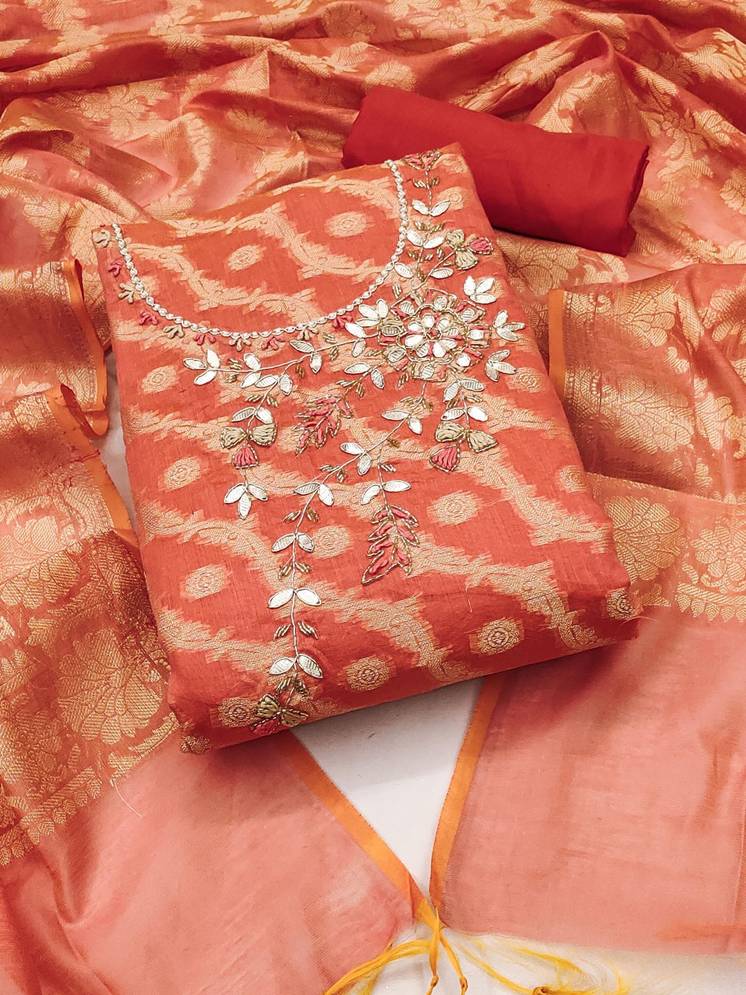 

KALINI Floeal Woven Design Beads and Stones Unstitched Dress Material, Rust