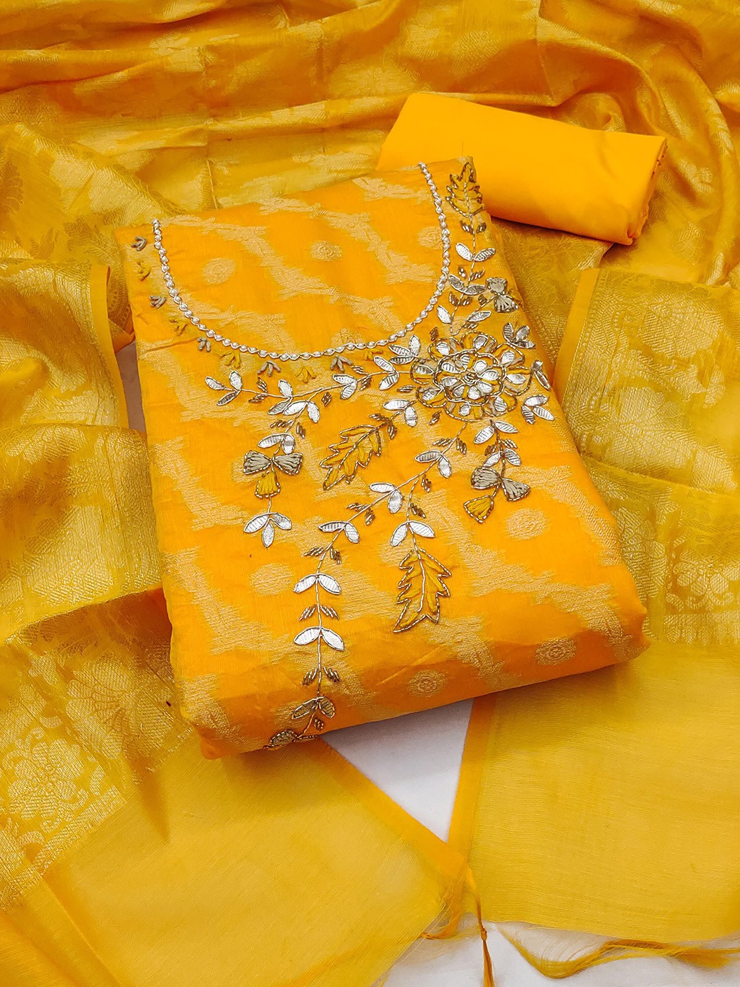 

KALINI Floral Woven Design Unstitched Dress Material, Yellow