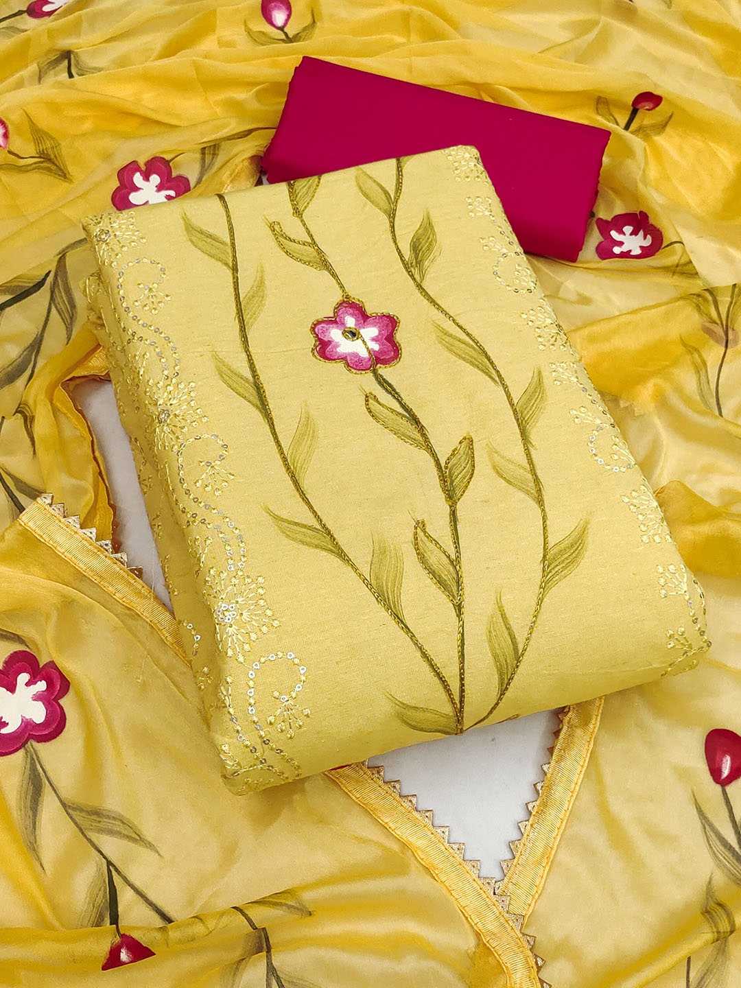

KALINI Floral Embroidered Sequinned Unstitched Dress Material, Yellow