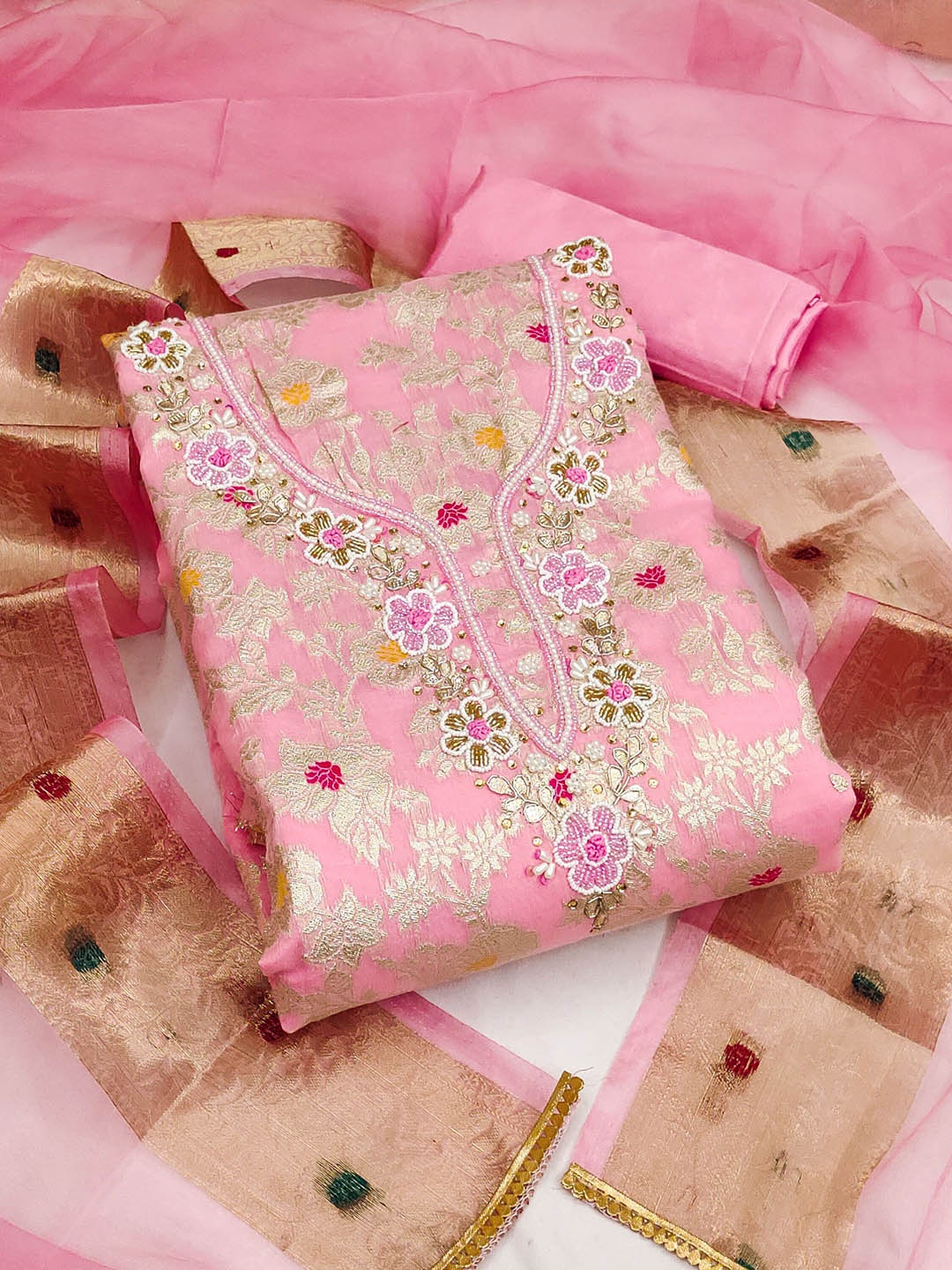 

KALINI Floral Woven Design Unstitched Dress Material, Pink
