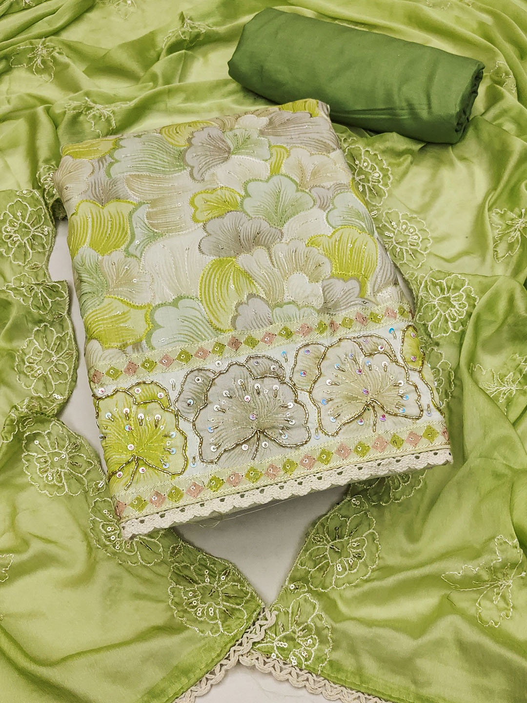 

KALINI Floral Printed Beads & Stones Unstitched Dress Material, Green
