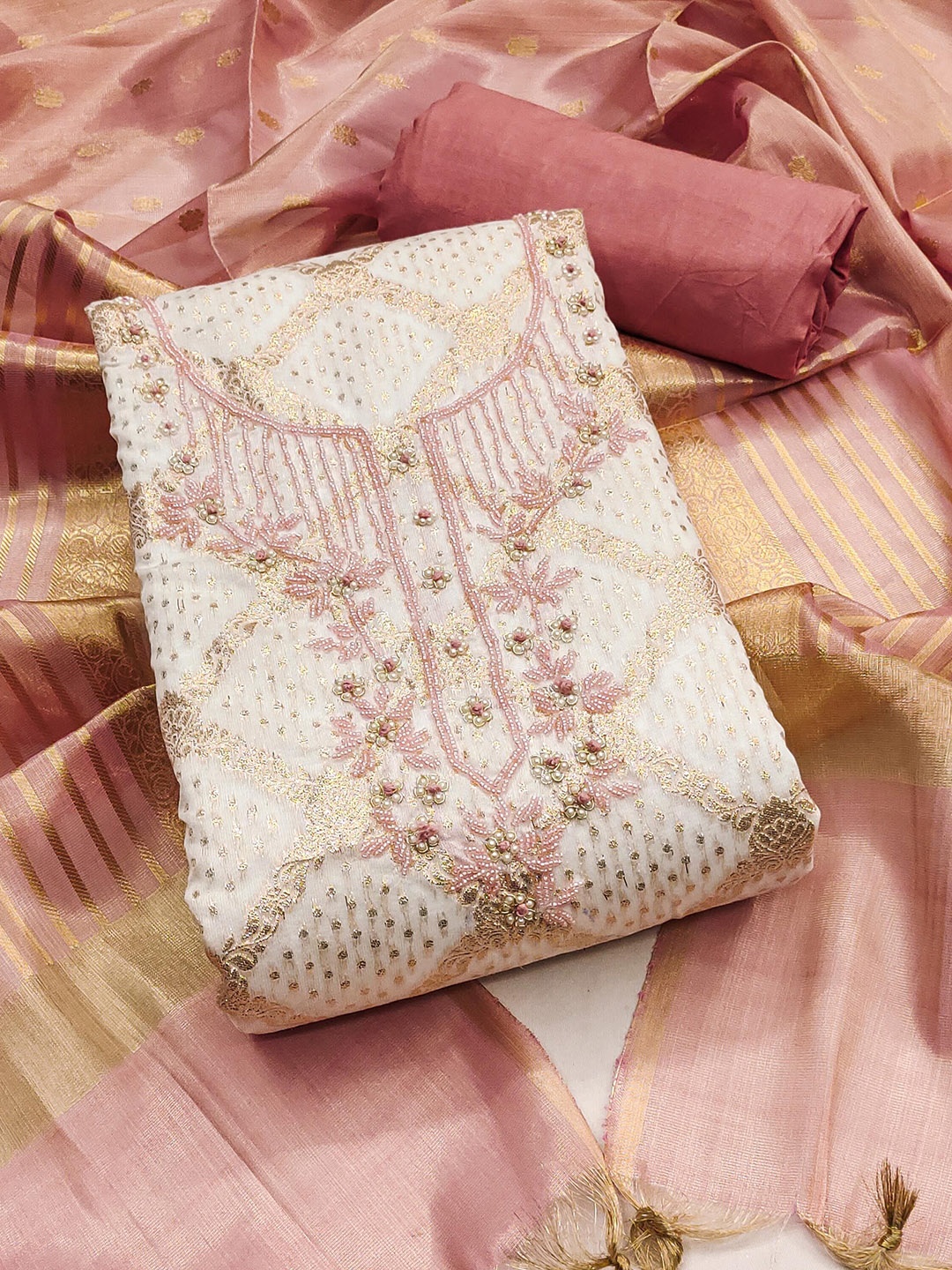 

KALINI Floral Woven Design Beads and Stones Unstitched Dress Material, Pink