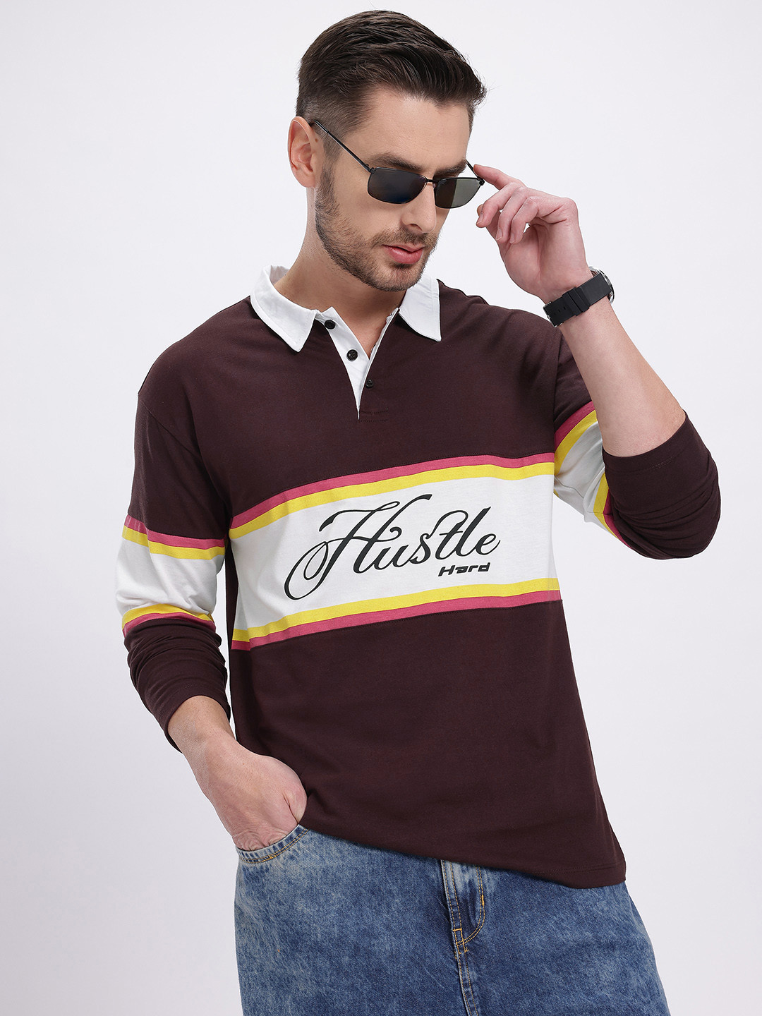 

Kook N Keech Phrases Unfazed Colourblocked Polo Collar Drop-Shoulder Sleeves T-shirt, Brown