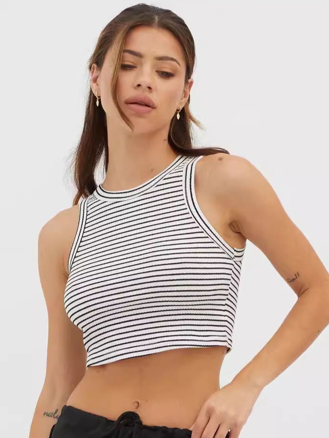 

StyleCast x Revolte Women Striped Round Neck Crop Top, White