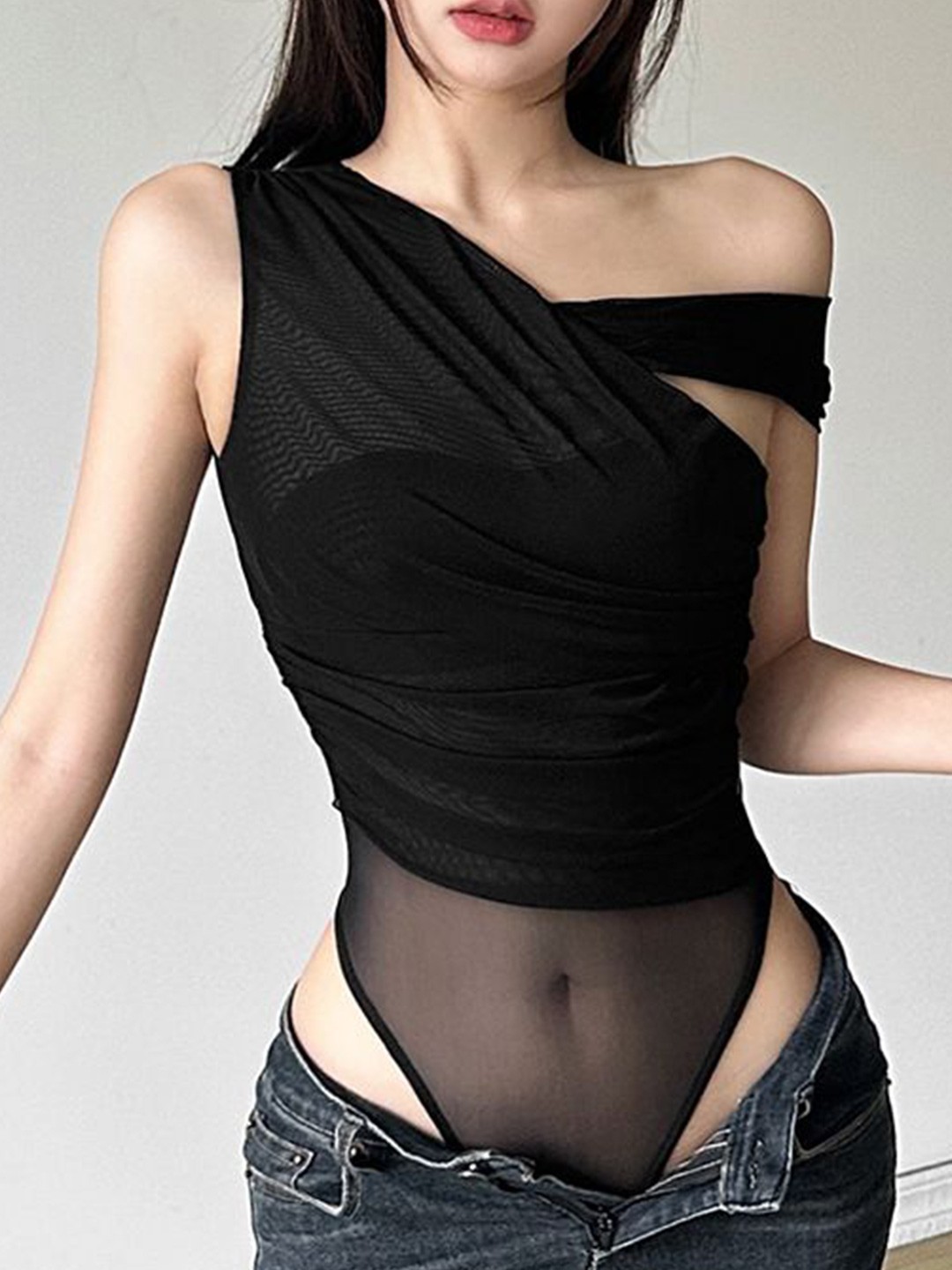 

StyleCast x Revolte One Shoulder Net Wrap Crop Top, Black