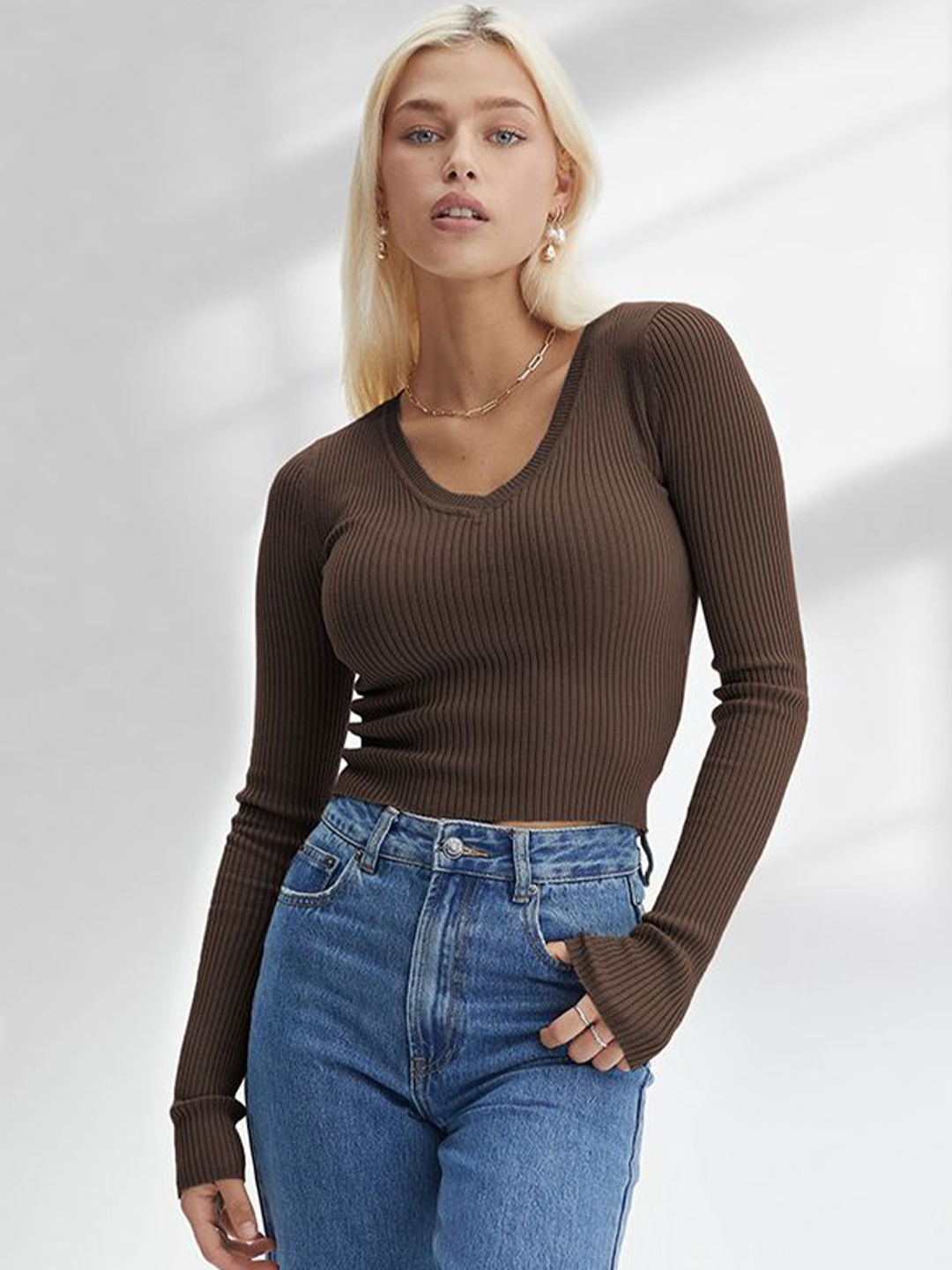 

StyleCast x Revolte Women Long Sleeves Striped Top, Brown