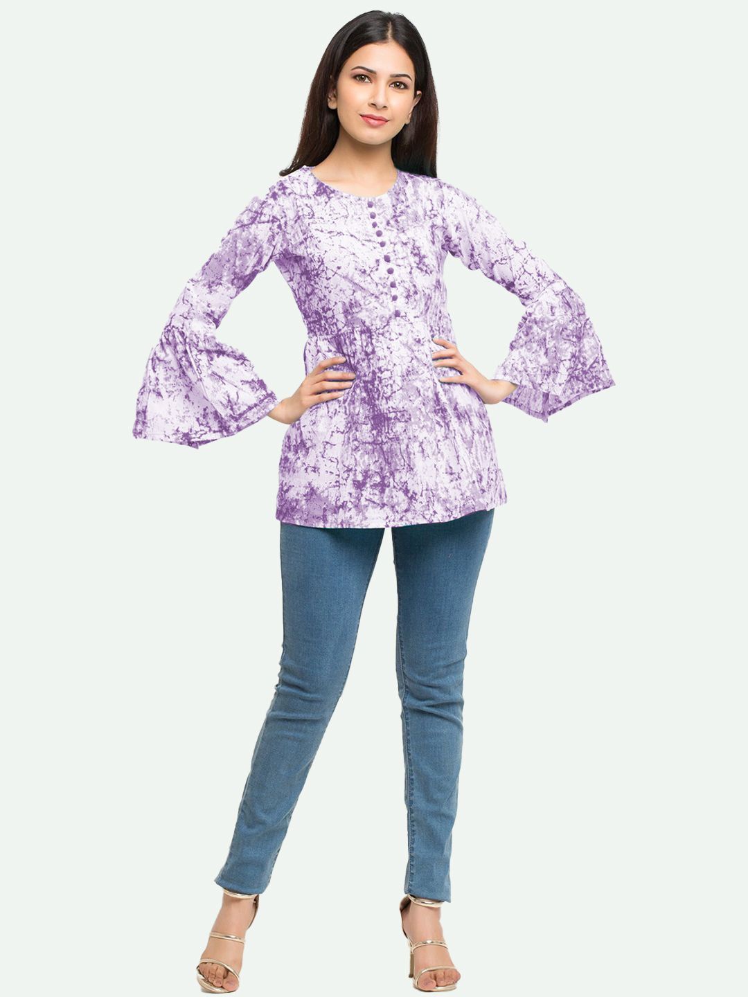

KALINI Women Floral Printed Bell Sleeve Cotton Top, Purple