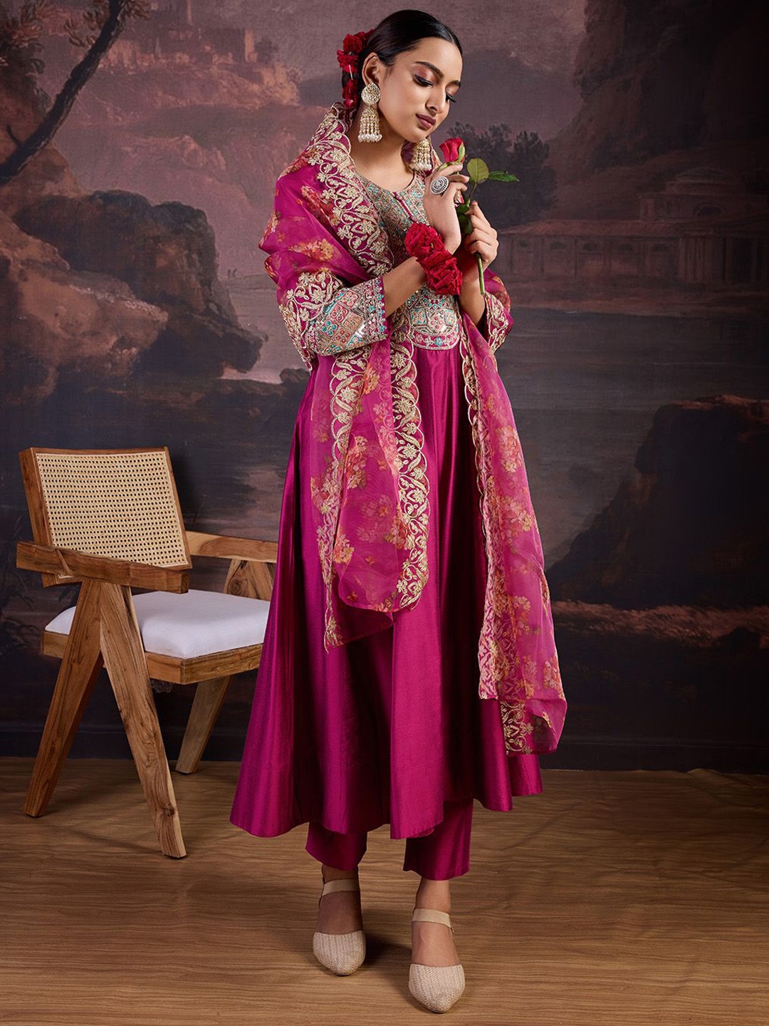 

House of Pataudi Floral Embroidered Sequinned Anarkali Kurta With Trousers & Dupatta, Magenta