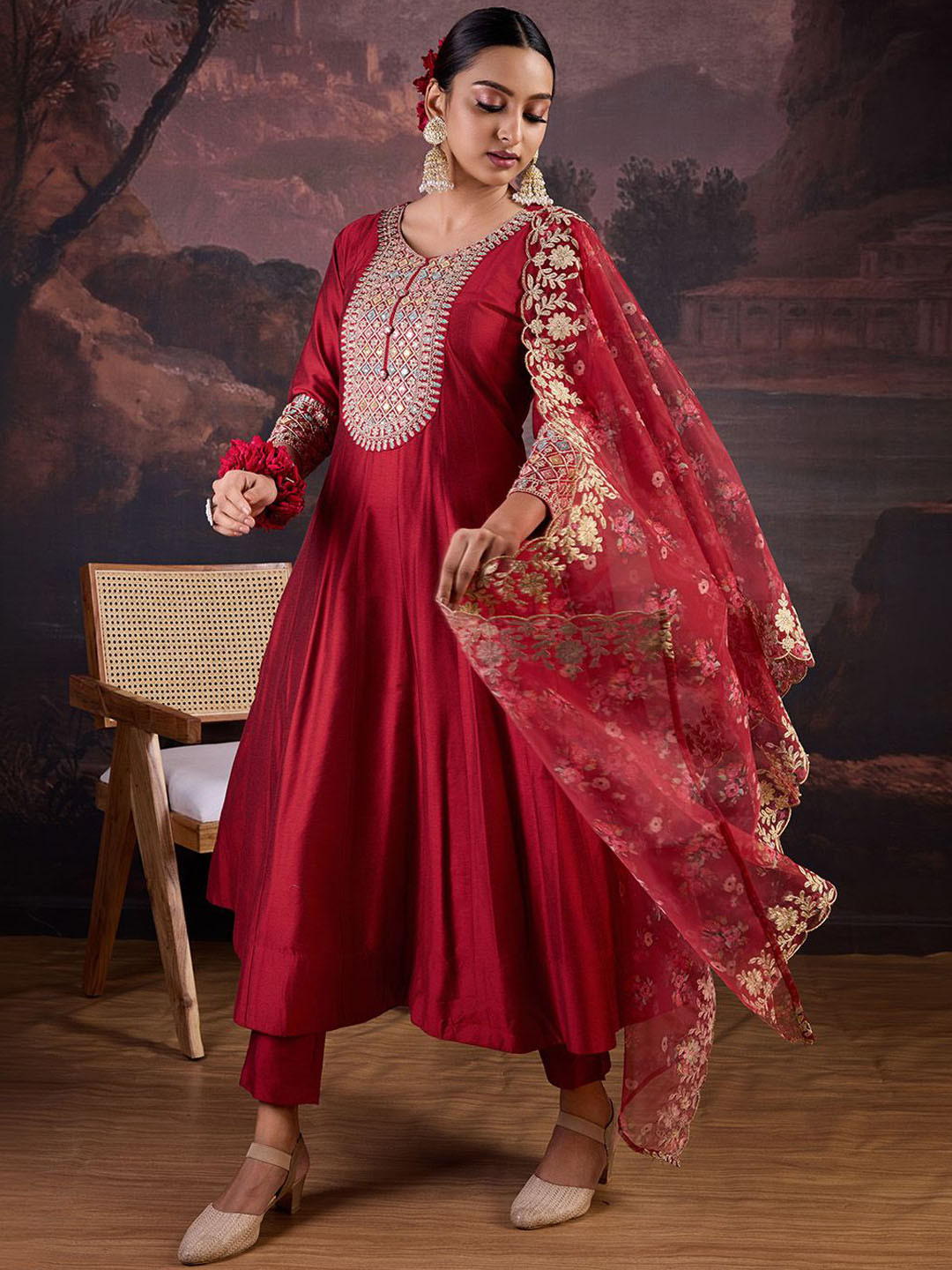 

House of Pataudi Floral Embroidered Anarkali Kurta With Trouser & Dupatta, Red