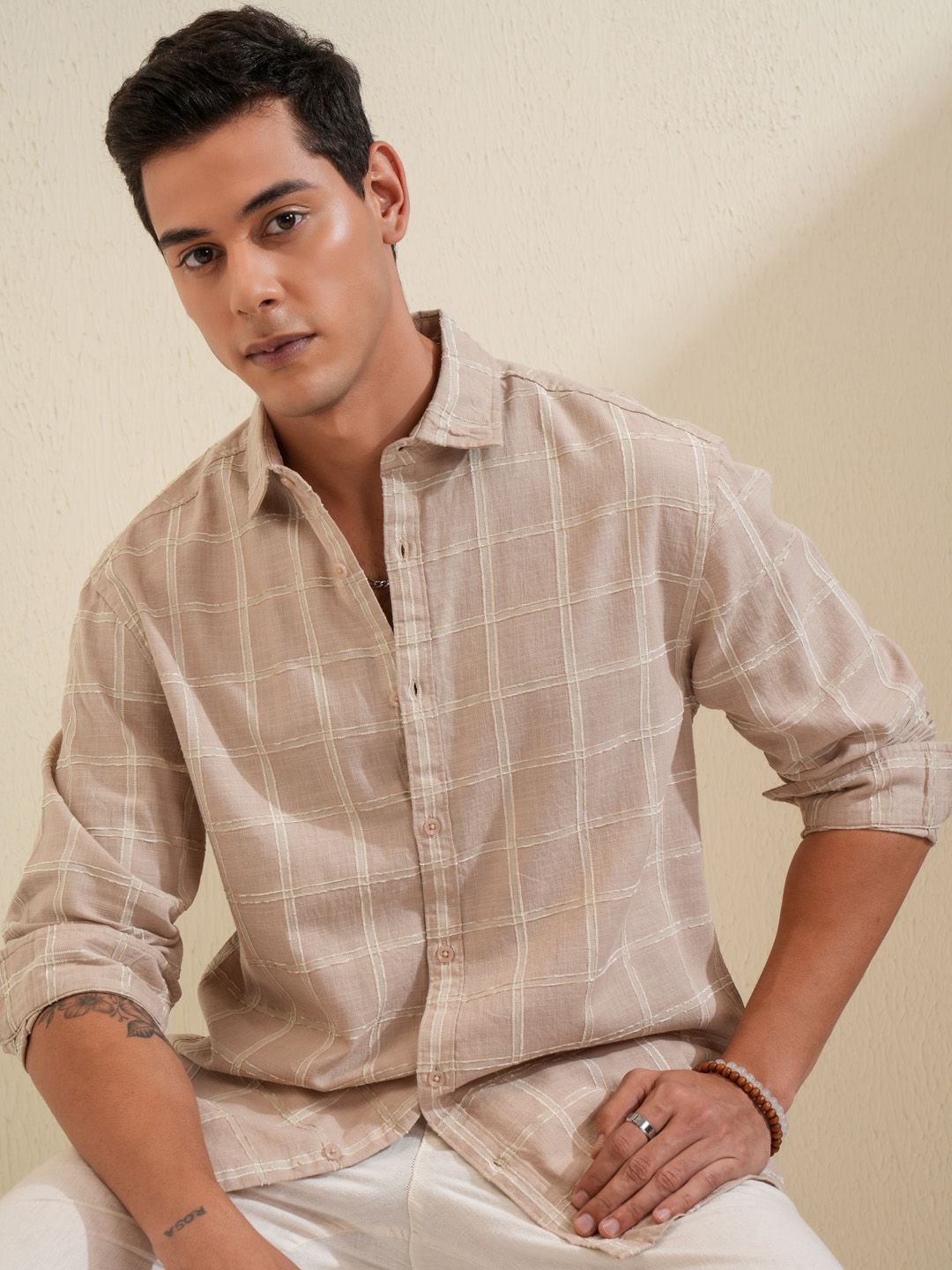 

LOCOMOTIVE Men Windowpane Checks Cotton Relaxed Fit Casual Shirt, Khaki