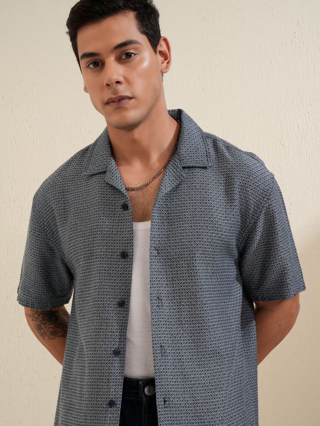 

LOCOMOTIVE Men Premium Abstract Printed Cuban Collar Casual Shirt, Blue