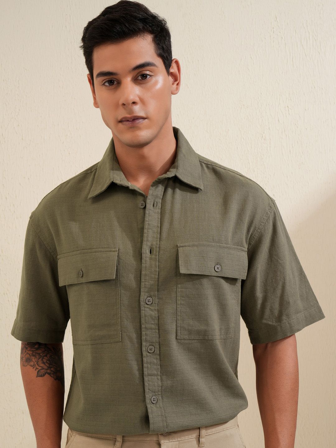 

LOCOMOTIVE Men Premium Solid Casual Oversized Shirt, Khaki