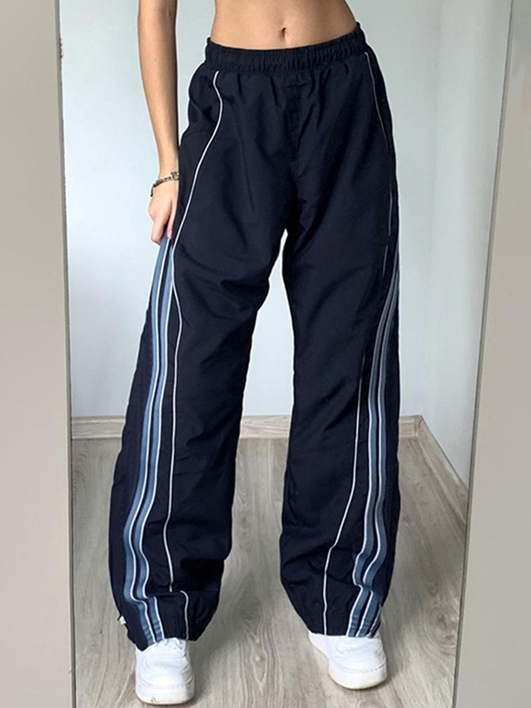 

LULU & SKY Women Striped Straight-Fit Track Pants, Navy blue
