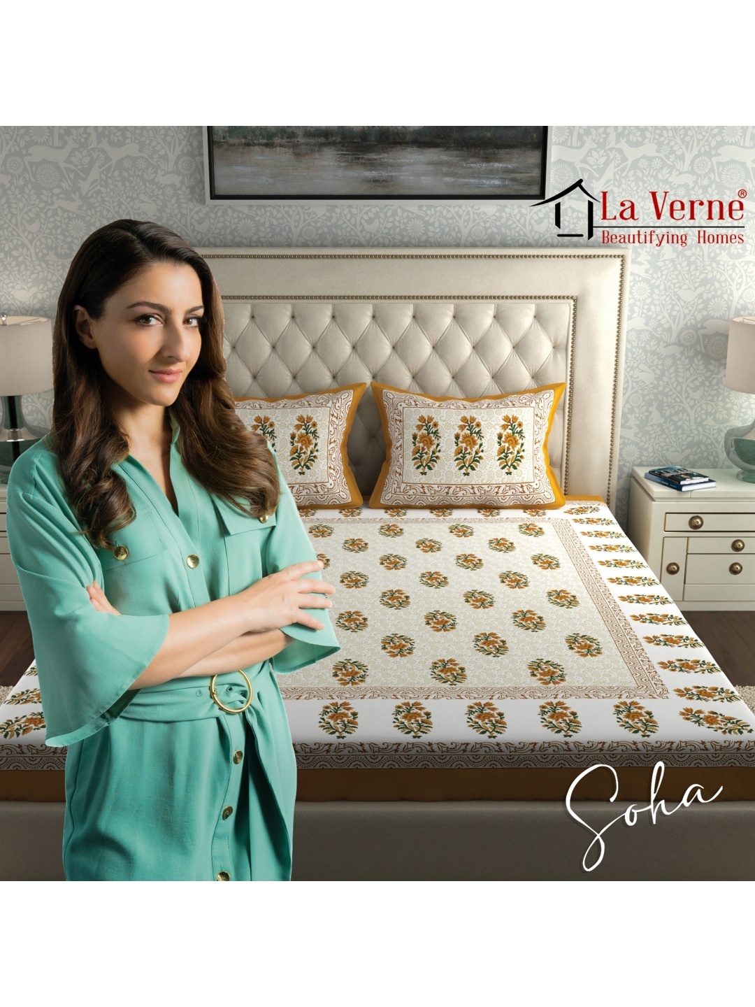 

LA VERNE White & Mustard Floral 144 TC Cotton Queen Bedsheet With 2 Pillow Covers