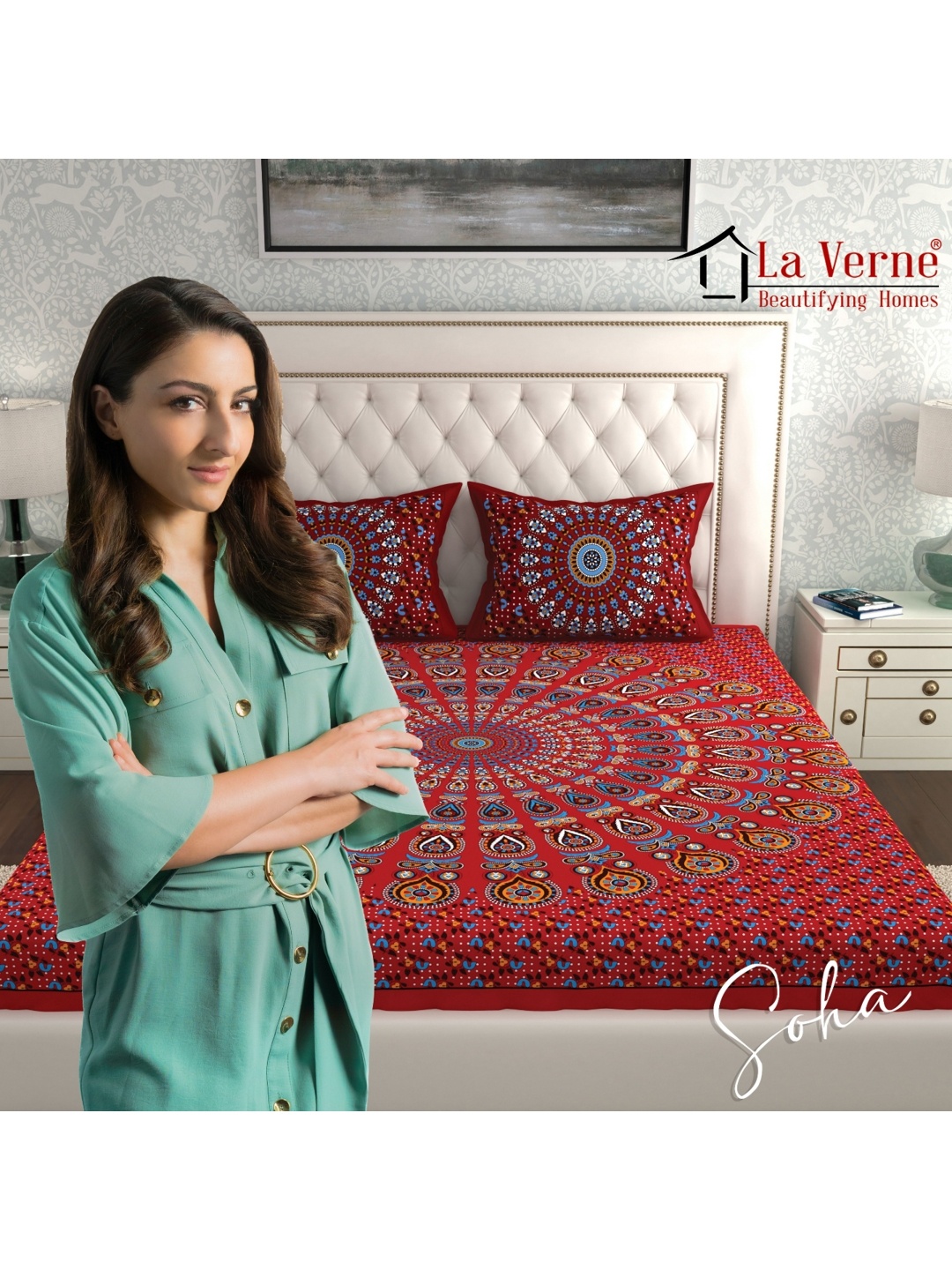 

LA VERNE Red & Blue Geometric 144 TC Queen Bedsheet with 2 Pillow Covers