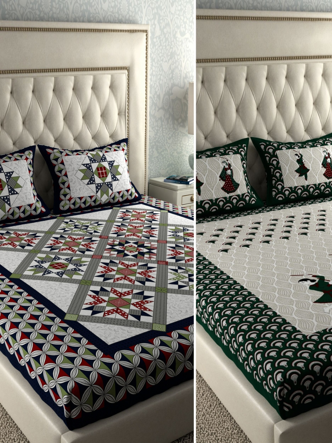 

LA VERNE White & Green 6 Pieces Geometric 104 TC Cotton Queen Bedsheet With Pillow Covers