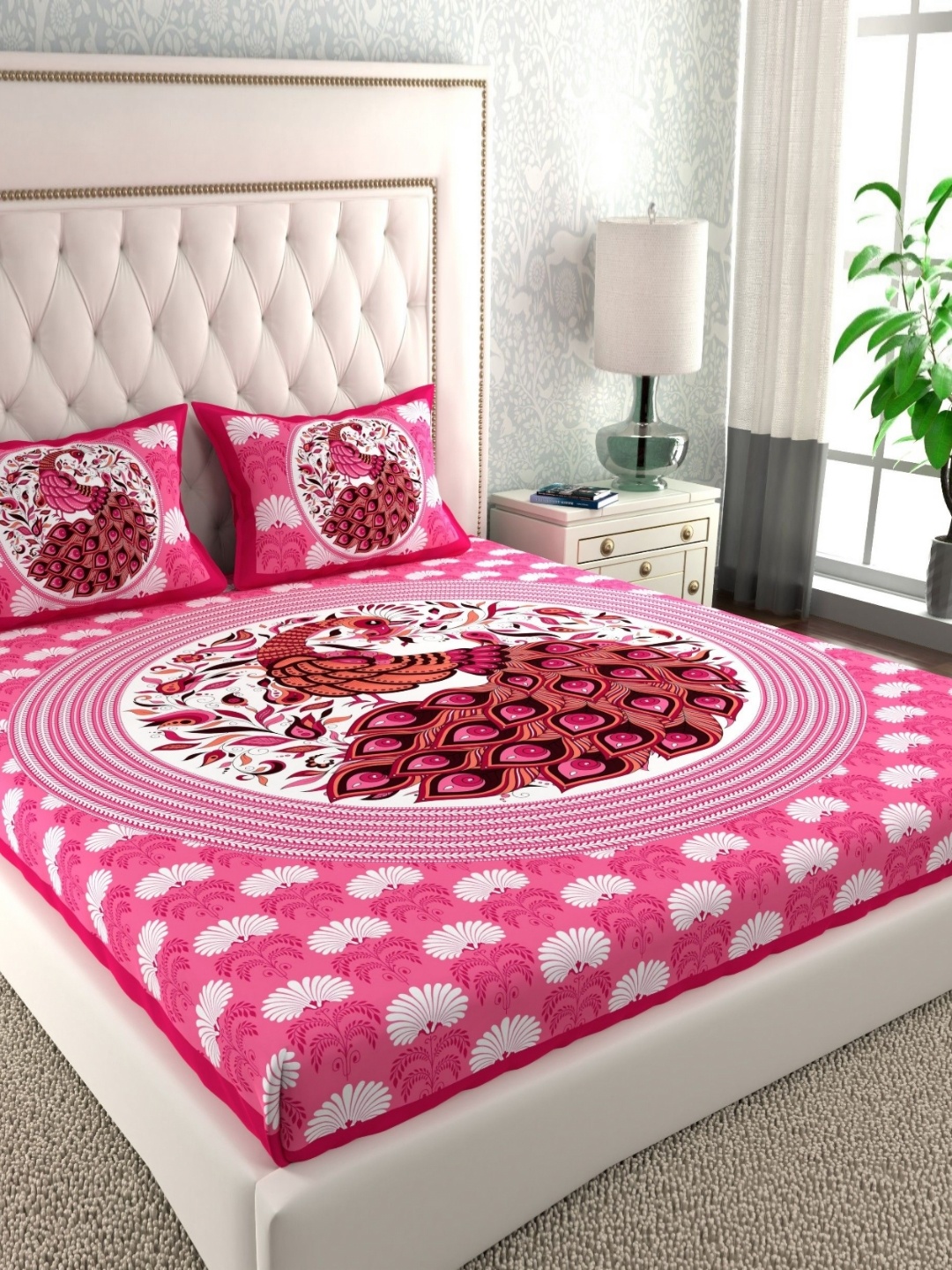 

LA VERNE Pink & White Floral 144 TC Cotton Queen Bedsheet with 2 Pillow Covers