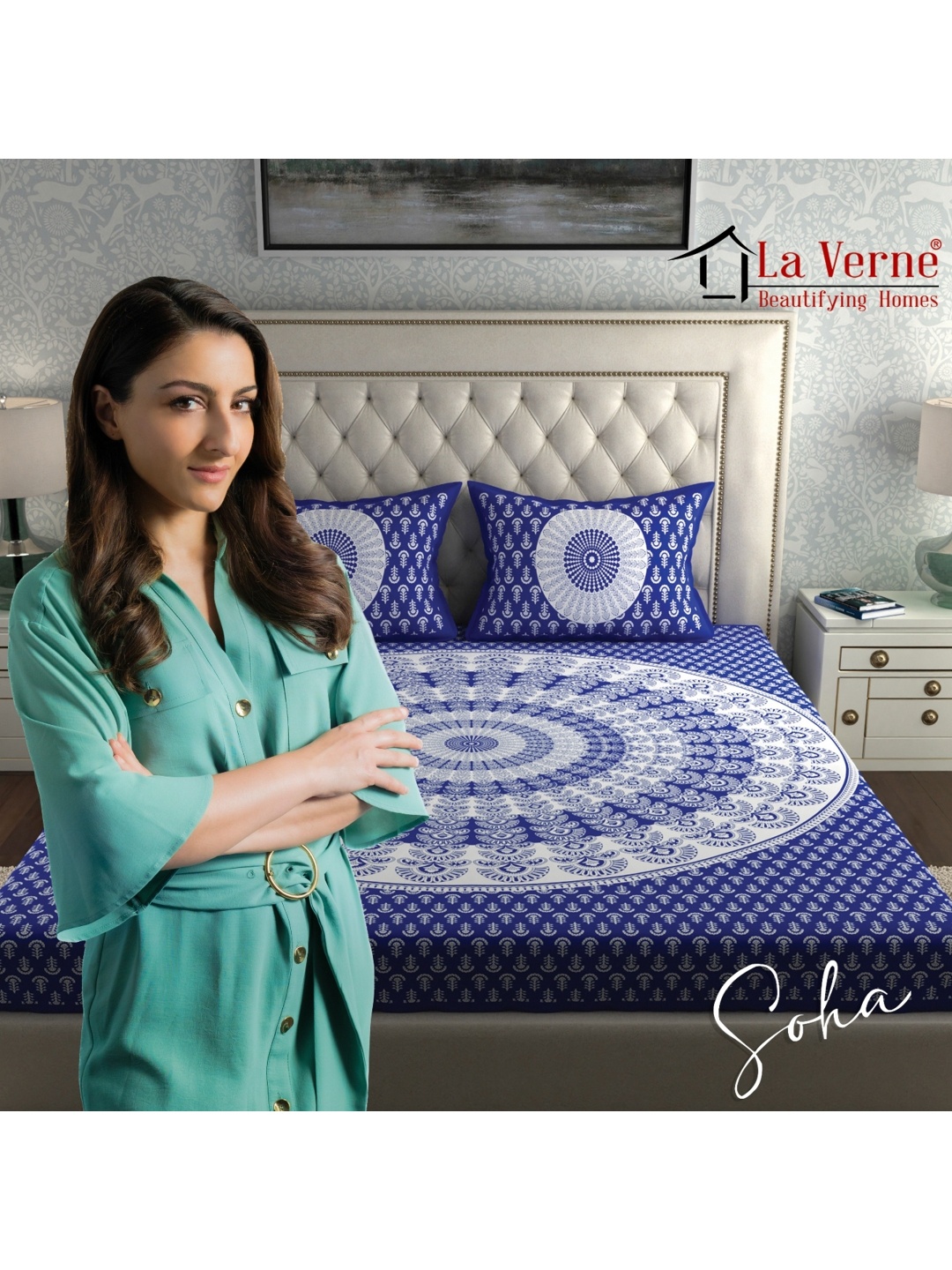 

LA VERNE Blue & White Geometric 144 TC Queen Bedsheet with 2 Pillow Covers