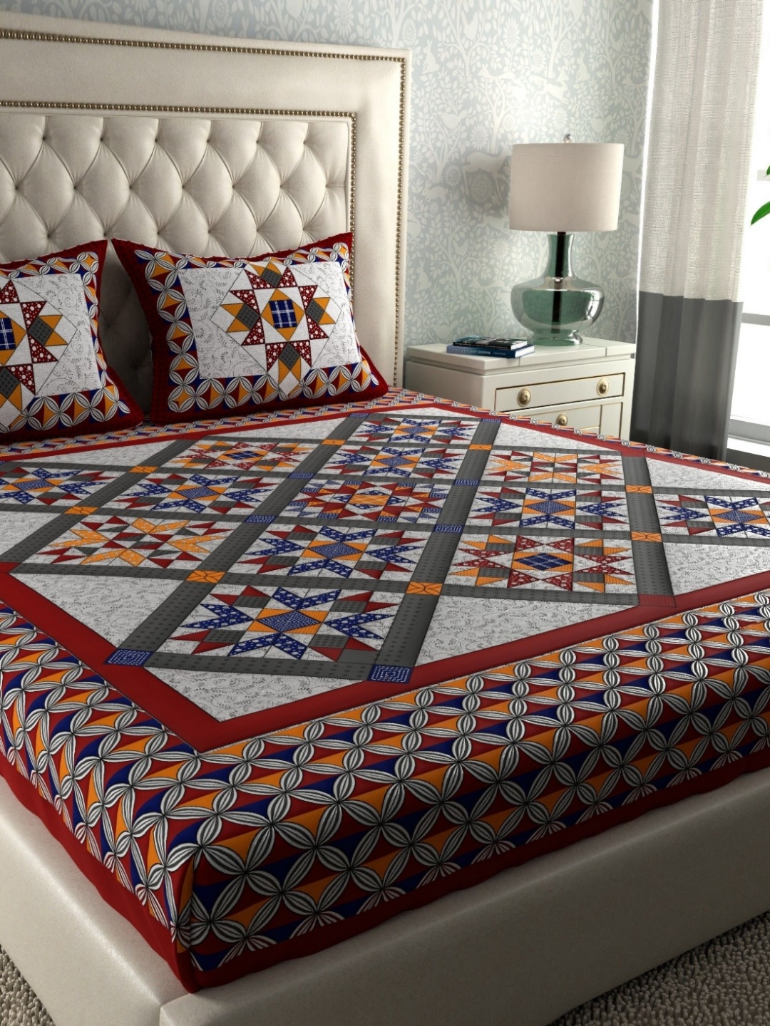 

LA VERNE Grey & Red Graphic 144 TC Queen Bedsheet with 2 Pillow Covers