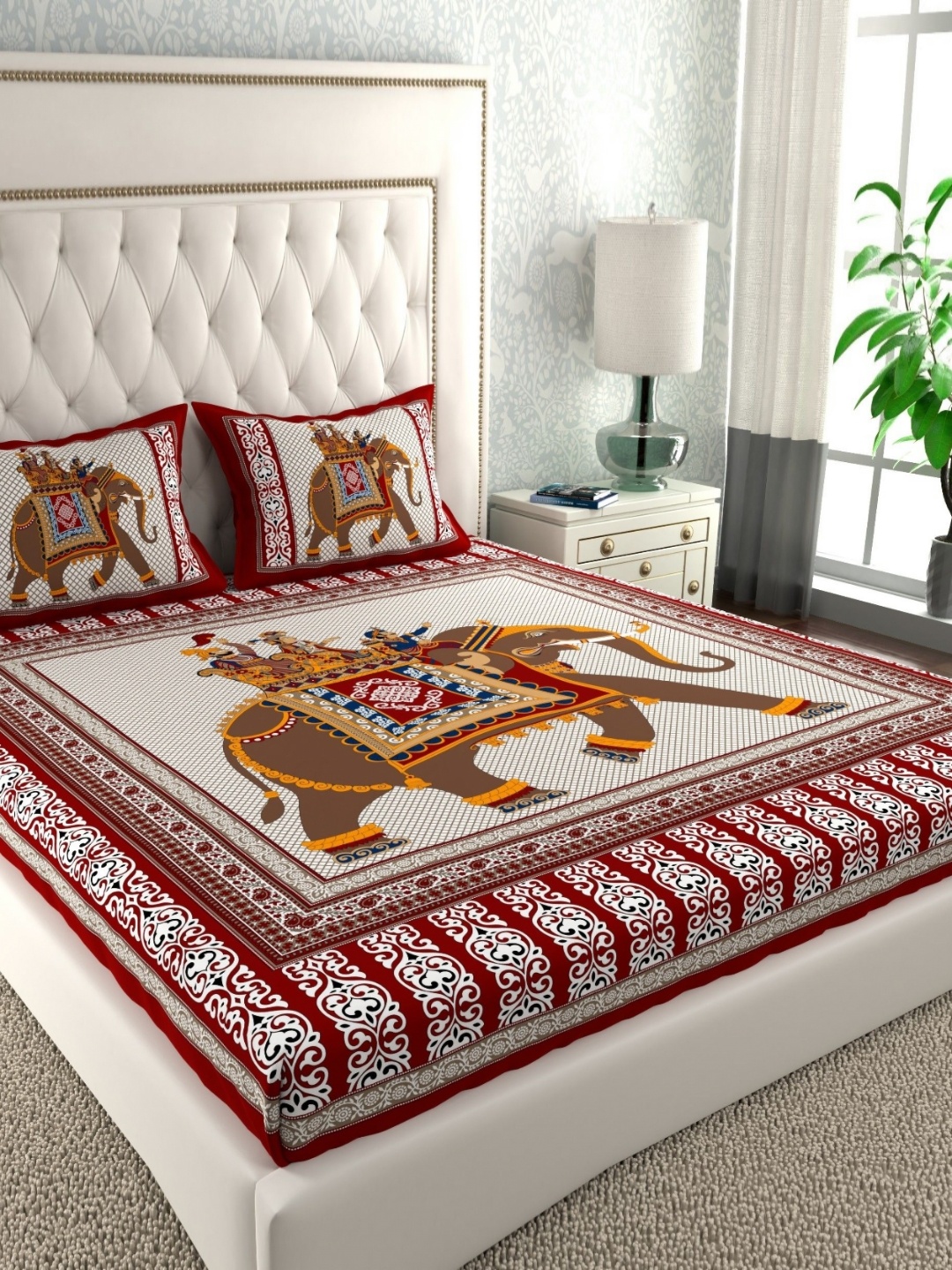 

LA VERNE Maroon & White Ethnic Motifs 144 TC Cotton Queen Bedsheet with 2 Pillow Covers