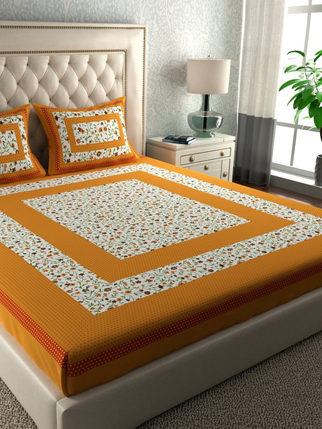 

LA VERNE Yellow & Cream-Coloured Floral 104 TC Cotton Queen Bedsheet With 2 Pillow Covers