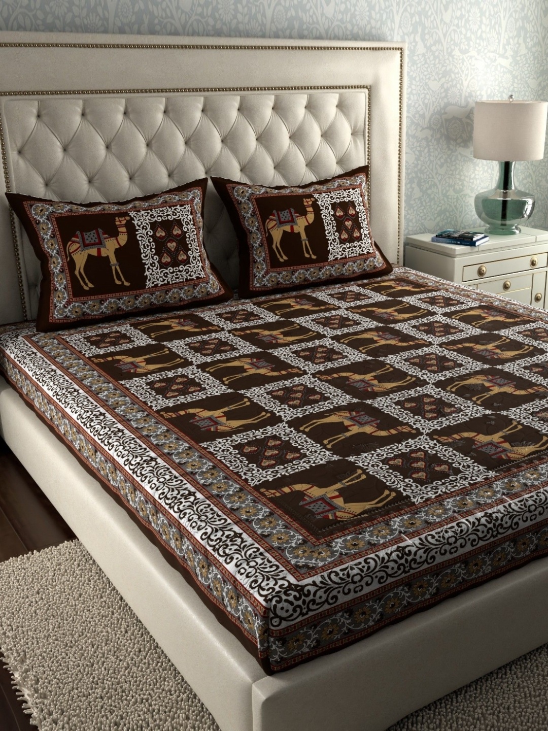 

LA VERNE Brown & White Geometric 144 TC Cotton Queen Bedsheet With 2 Pillow Covers