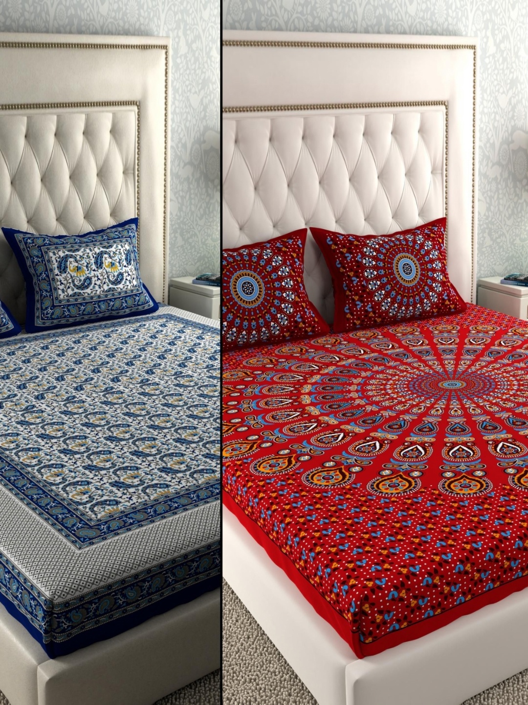 

LA VERNE Red & Blue 6 Pieces Ethnic Motifs 104 TC Cotton Queen Bedsheet With Pillow Covers