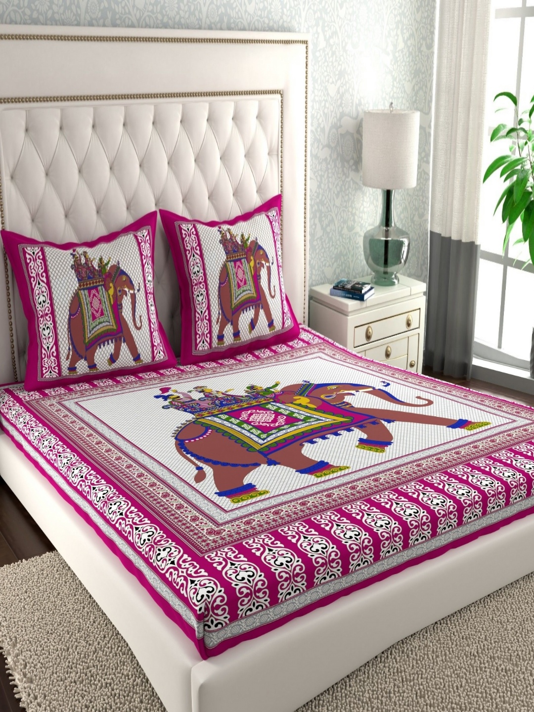 

LA VERNE Pink & White Graphic Printed 144 TC Cotton Queen Bedsheet With 2 Pillow Covers