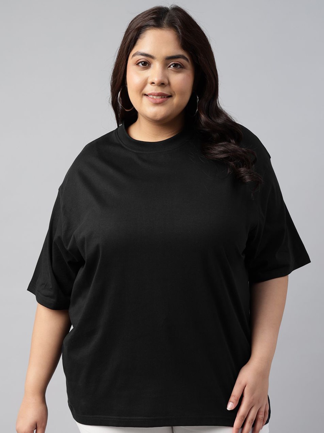

JUNEBERRY Women Solid Round Neck Pure Cotton Plus Size Oversized Tshirt, Black