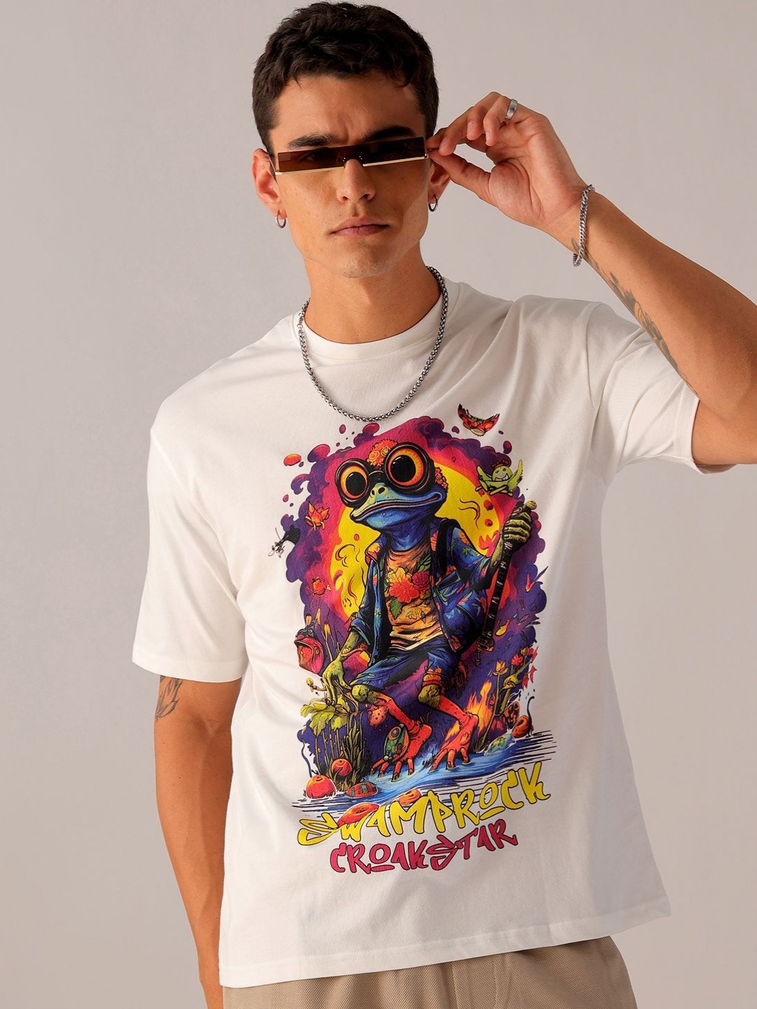 

The Indian Garage Co Men Back Printed Boxy Oversized Round Neck T-shirt, White
