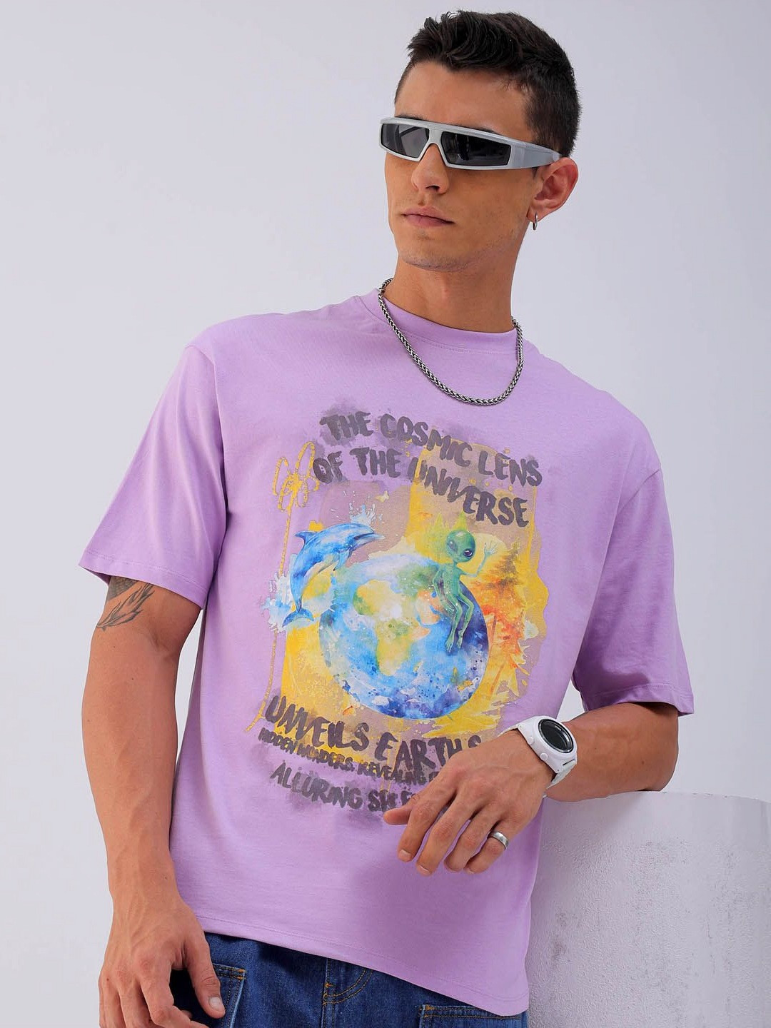 

The Indian Garage Co Men Typography Printed Boxy Oversized Round Neck T-shirt, Purple