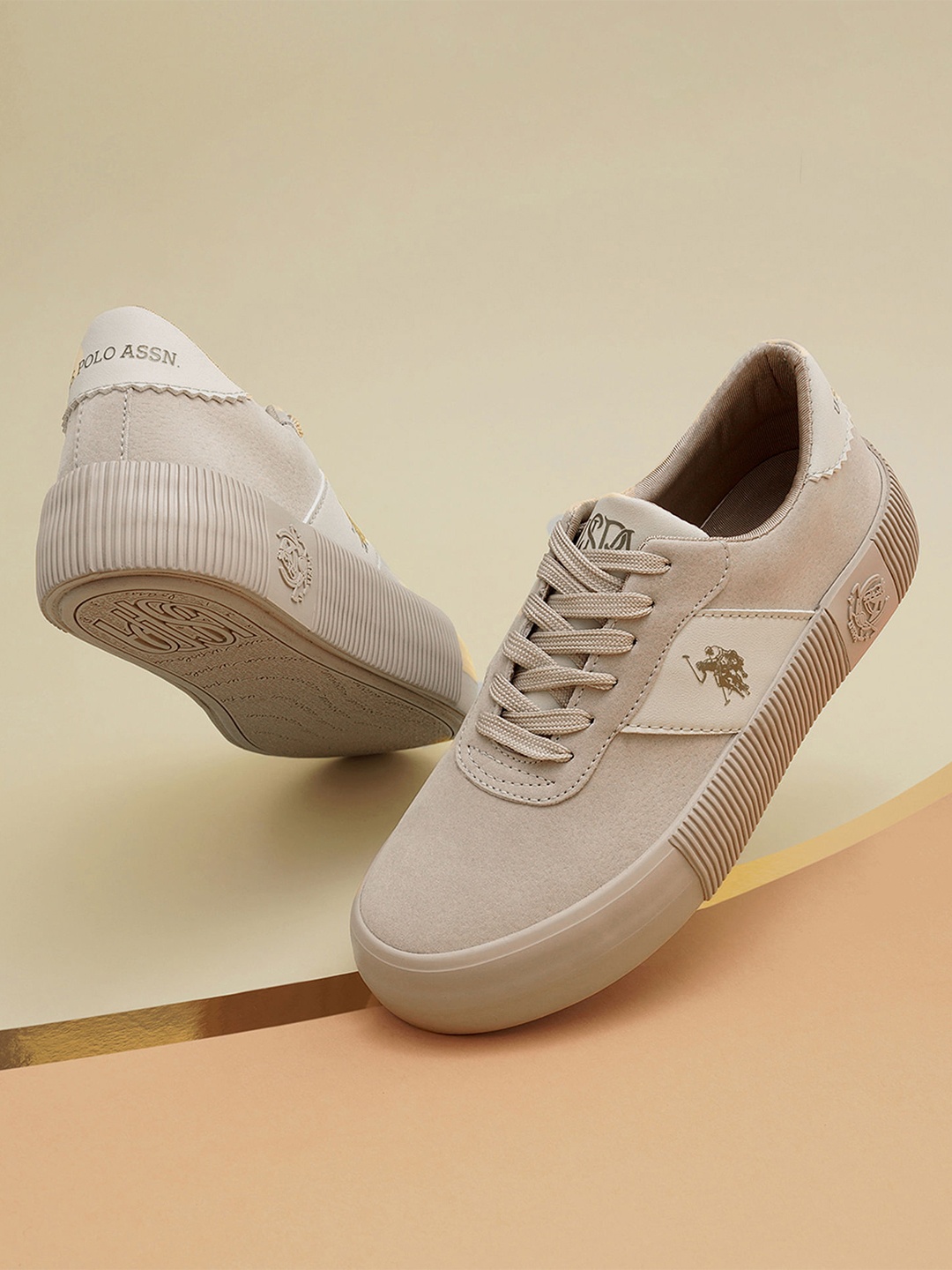 U.S. Polo Assn. Women PU Round Toe Lace-Ups Sneakers CORDELA, Beige