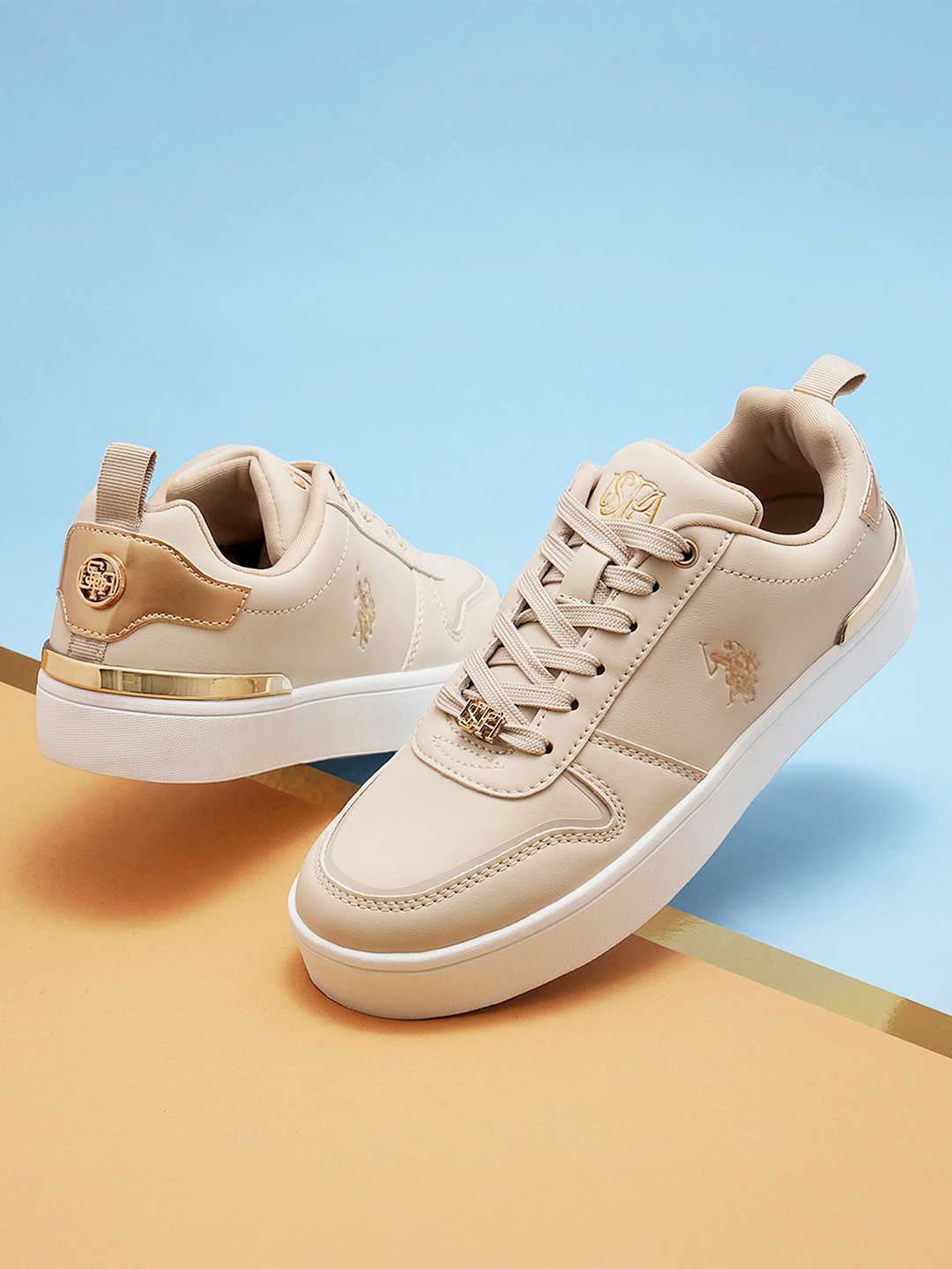 

U.S. Polo Assn. Women PU Lace-Ups Round Toe Sneakers ARYA, Beige