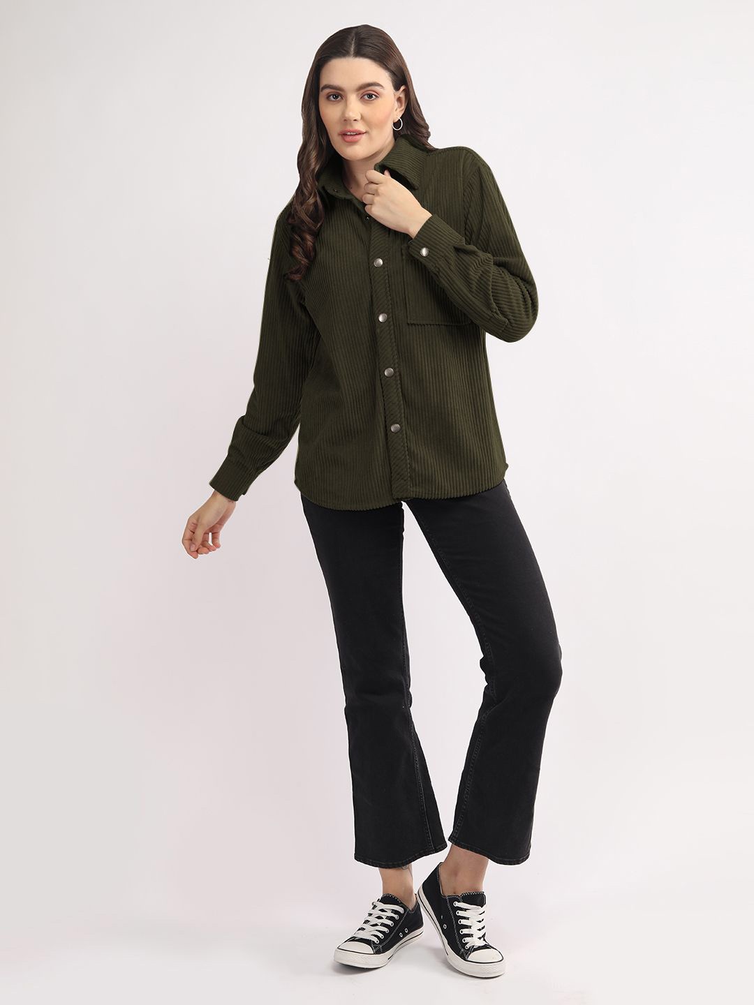 

CHKOKKO Women Opaque Corduroy Shaket, Olive