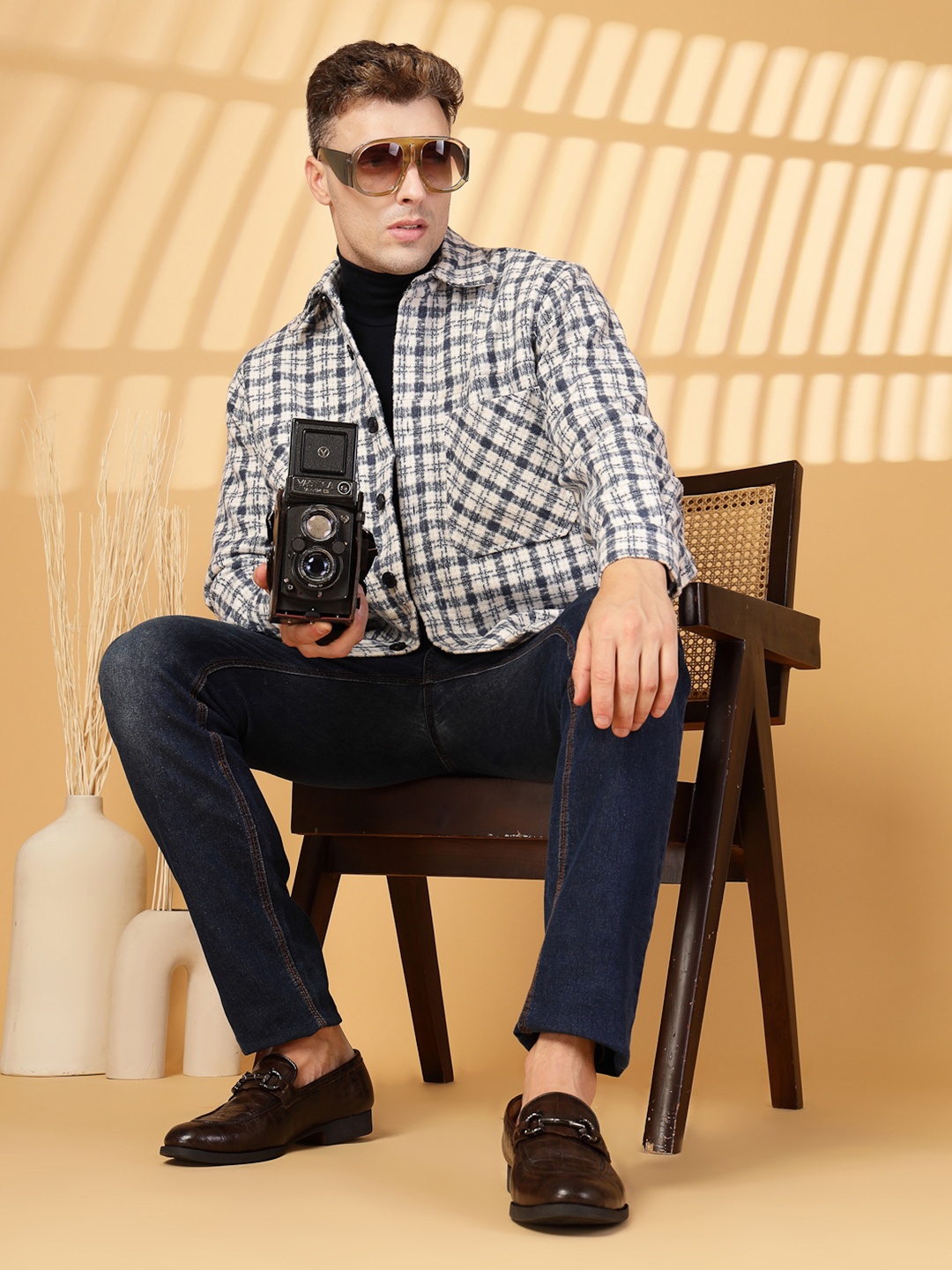 

CHKOKKO Tartan Checks Opaque Corduroy Shaket, White