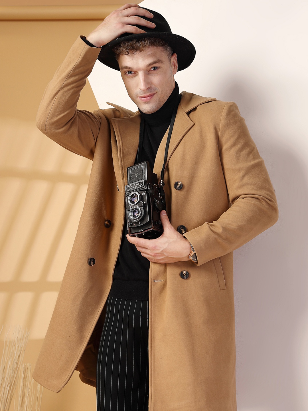 

CHKOKKO Men Double-Breasted Long Sleeve Overcoat, Beige