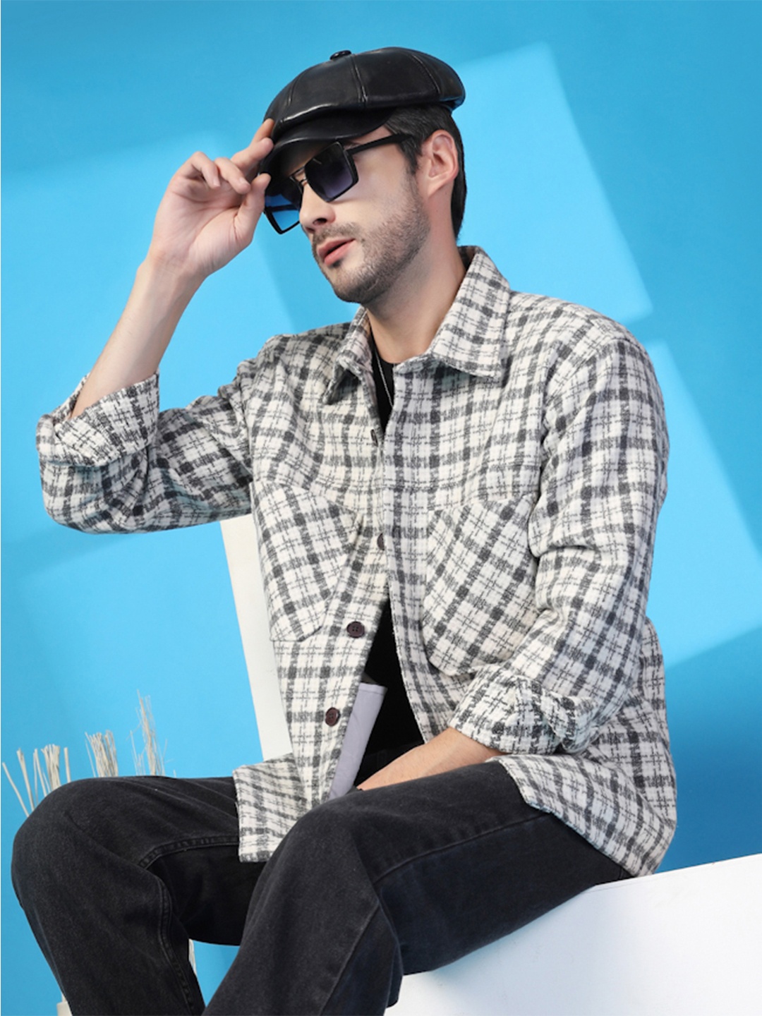 

CHKOKKO Men Tartan Checks Opaque Corduroy Shaket, White