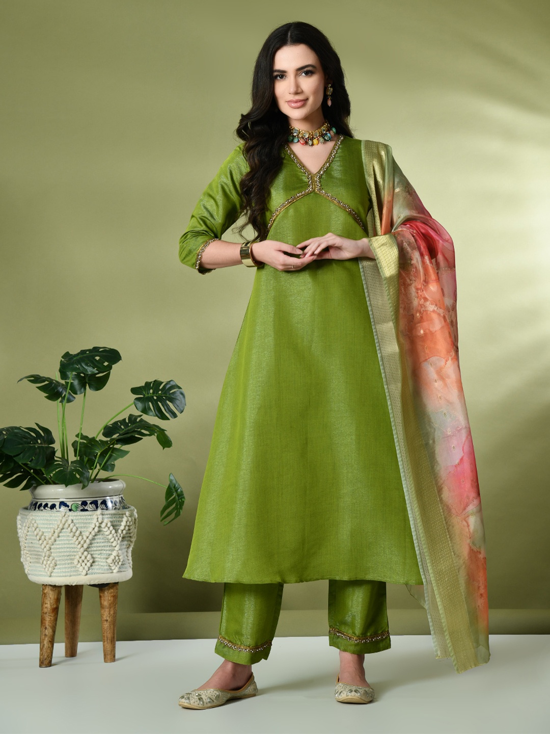 

Sangria Green Floral Yoke-Design Pure Silk A-Line Kurta With Trouser & Dupatta