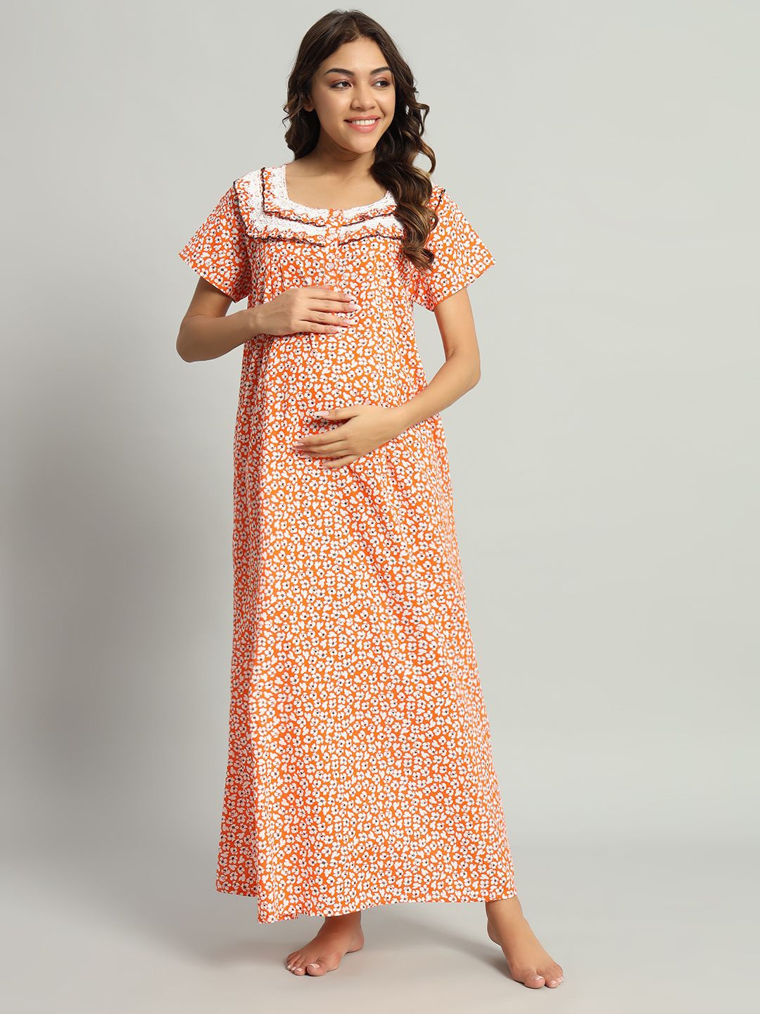 

SEPHANI Women Printed Maxi Maternity Nightdress, Orange