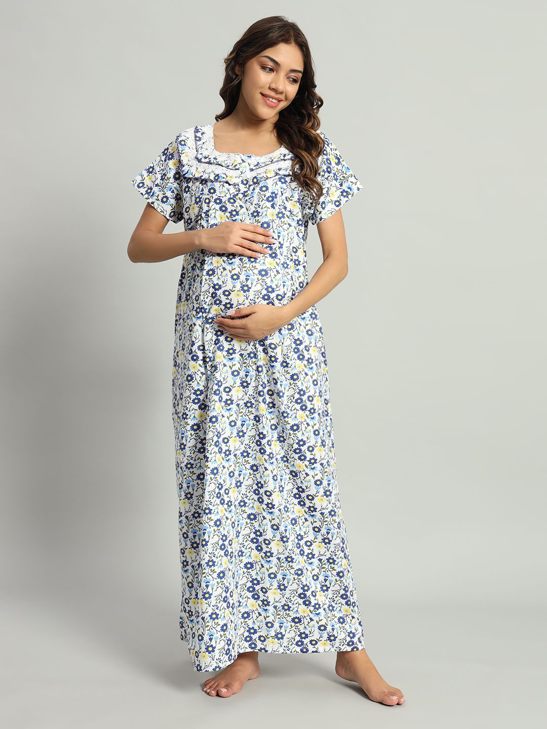 

SEPHANI Women Square Neck Printed Maxi Maternity Nightdress, Blue