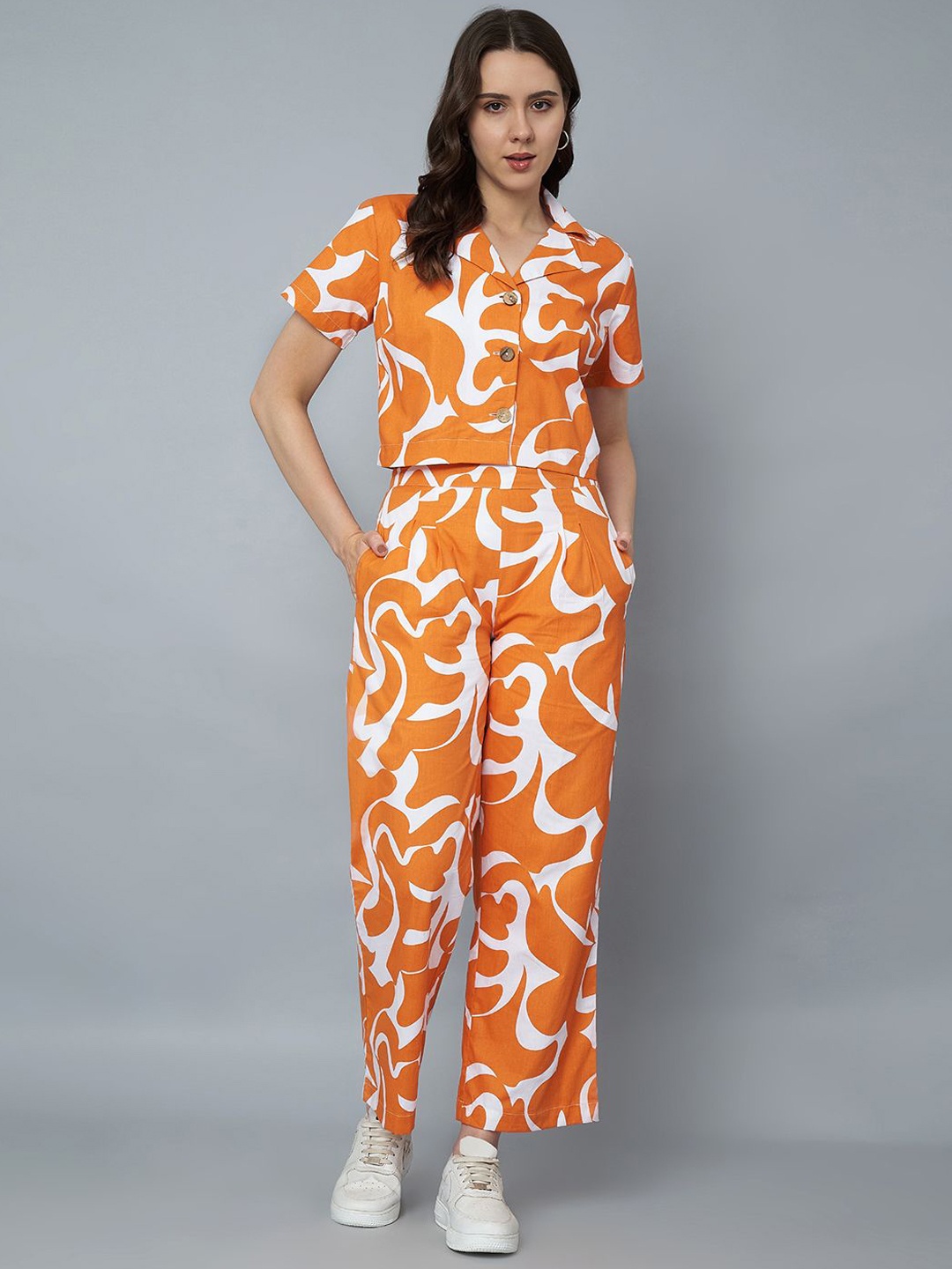 

Lake Peace Abstract Printed Pure Cotton Shirt & Trousers, Orange