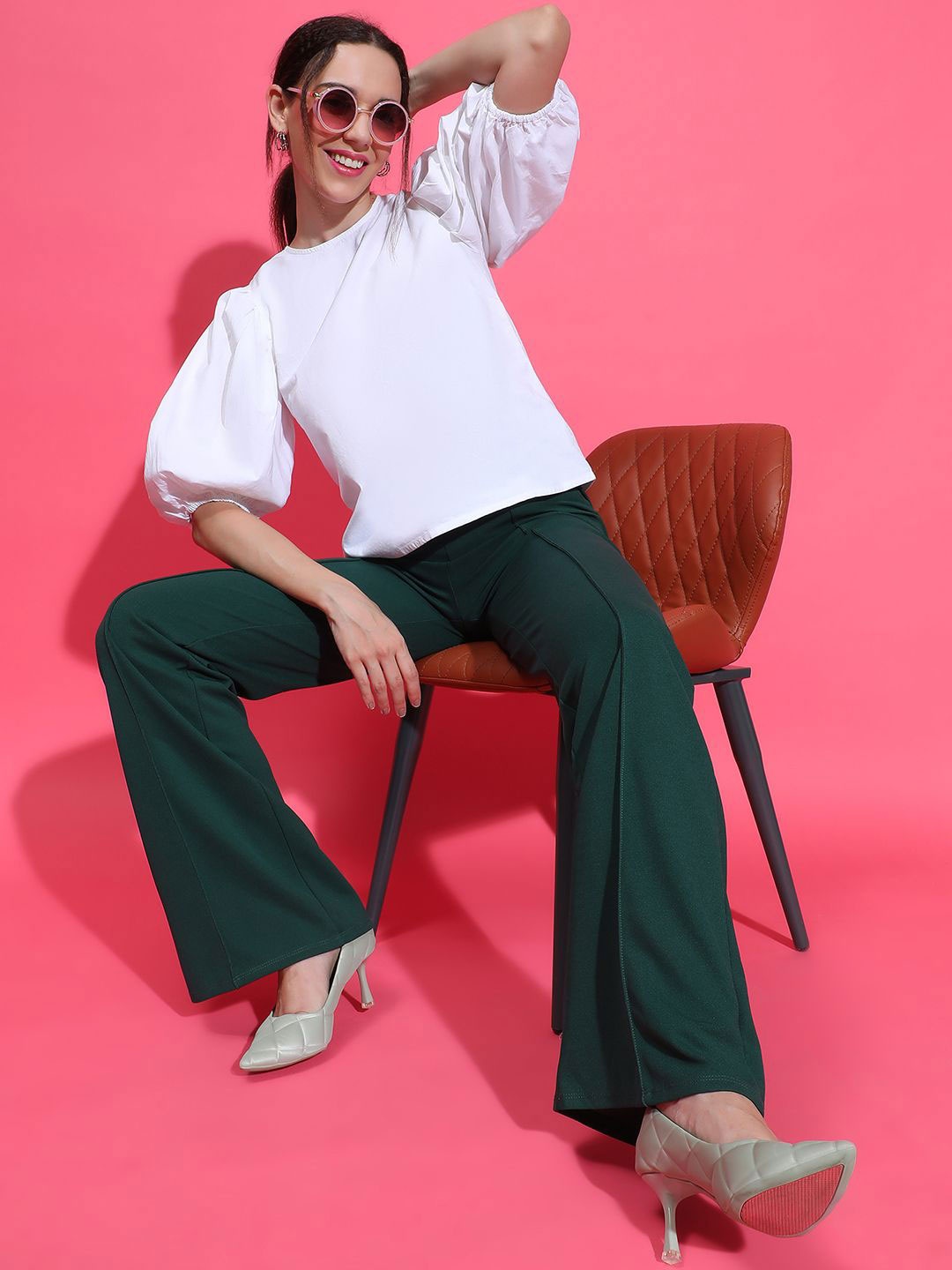 

Oxolloxo Women Cotton Flared Sleeve Cotton Top, White