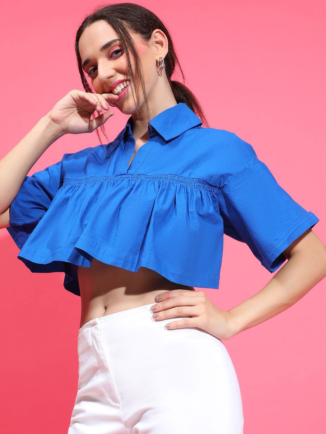 

Oxolloxo Women Cotton Flared Sleeve Cotton Shirt Style Crop Top, Blue
