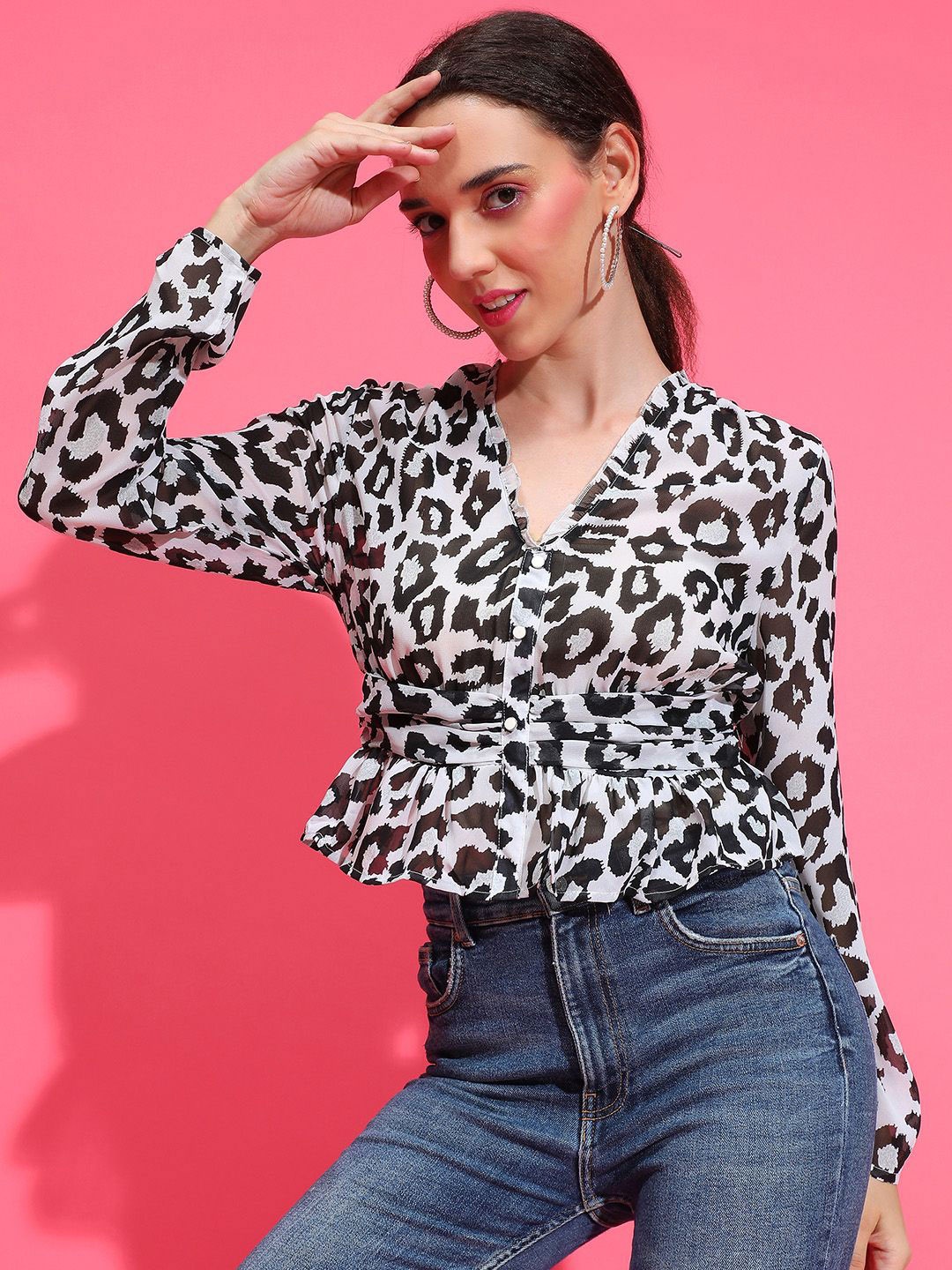 

Oxolloxo Women Animal Printed Bell Sleeve Top, Black