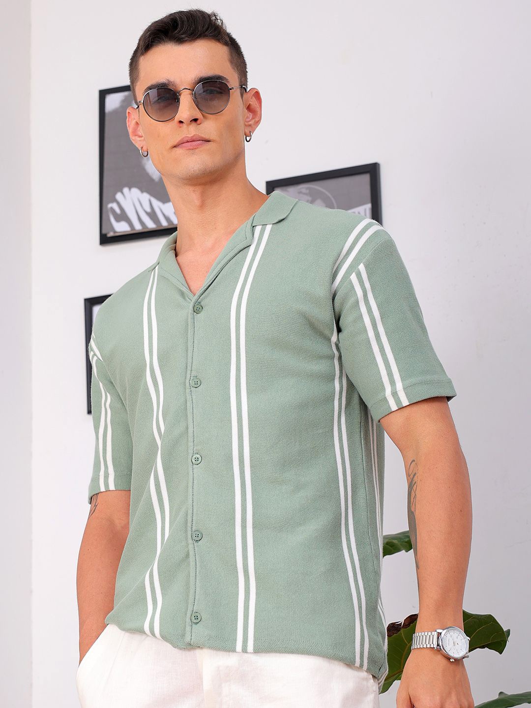 

The Indian Garage Co Men Relaxed Fit Striped Flat Knit Polo Resortwear Shirt, Green