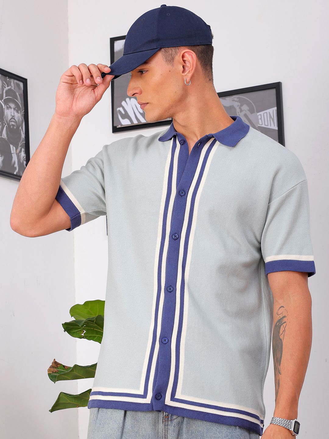 

The Indian Garage Co Men Relaxed Fit Striped Flat Knit Polo Resortwear Shirt, Grey