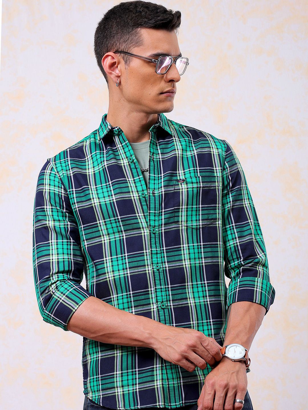 

The Indian Garage Co Men Slim Fit Tartan Checked Spread Collar Casual Shirt, Green