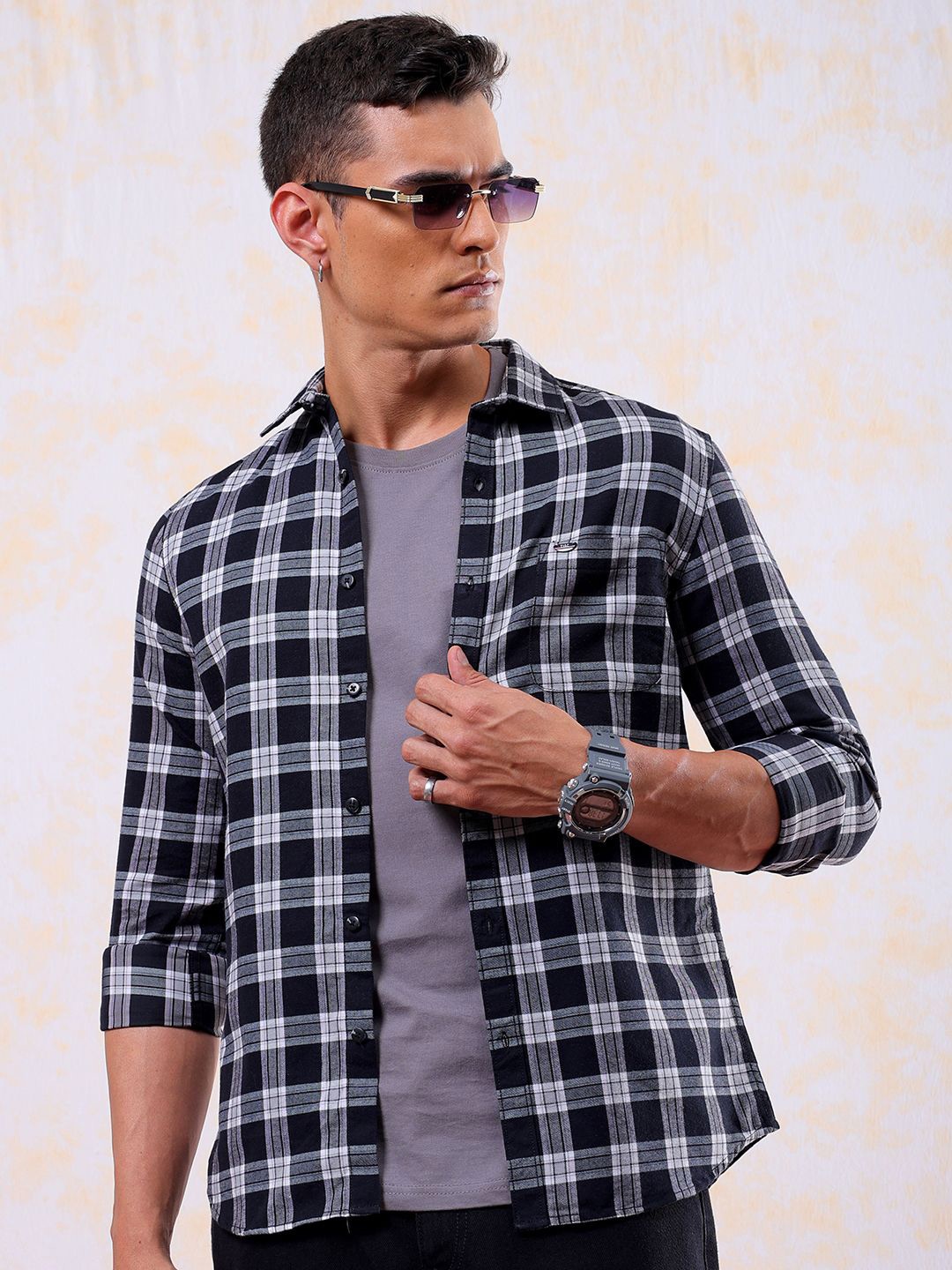 

The Indian Garage Co Men Slim Fit Buffalo Checks Opaque Casual Shirt, Navy blue